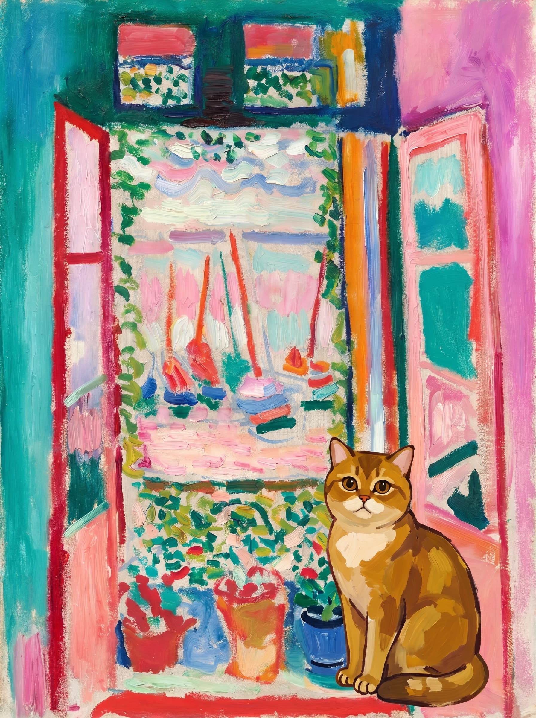 A pet sitting on the right bottom frame of an open door, with its back to the opening while facing the room, looking at the viewer, slight leaning on the right-side door panel. Art Style: Paint in Fauvism, post-impressionism style. Use simplified shapes, exaggerates color, and flattens perspective to create charm and personality.
Use saturated, non-naturalistic colors and flattened perspective reminiscent of Henri Matisse.
The brushwork is loose, visible, and painterly, with uneven strokes that give the surface texture and movement.
Paint with large areas of flat color patches, simplified shapes, bold decorative outlines, and minimal blending.
The composition is flattened and slightly distorted, with compressed perspective.
The painting is expressive, utilizing thick, confident strokes and quick, rhythmic marks that prioritize texture and visual energy over realistic blending or depth.