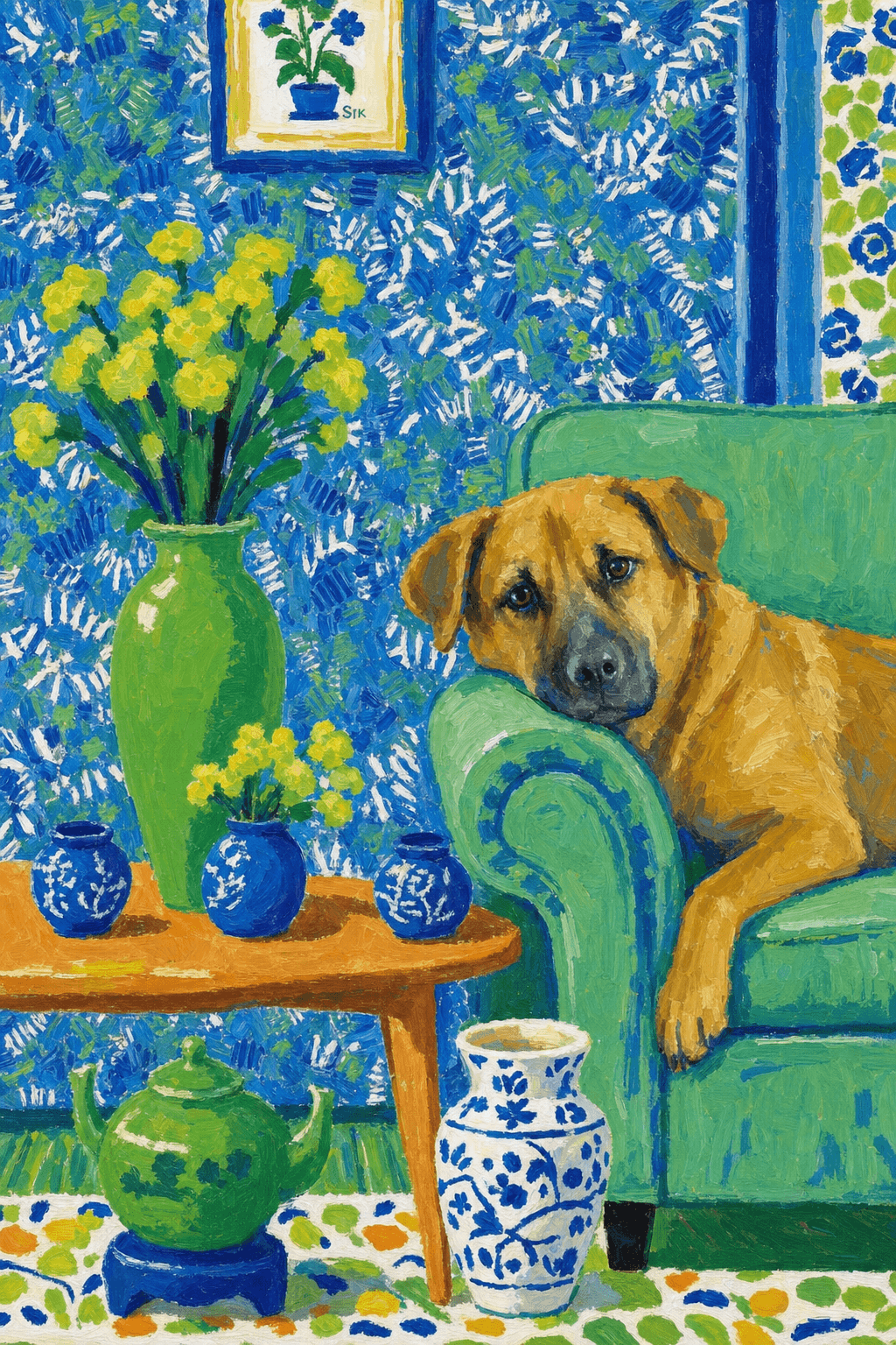 A pet lazy lying on the couch, with head tilt on the edge of couch, eye looking at the the vase. paint in post-impressionism style. Use saturated, non-naturalistic colors and flattened perspective reminiscent of Henri Matisse. painterly and expressive, utilizing thick, confident strokes and quick, rhythmic marks that prioritize texture and visual energy over realistic blending or depth.