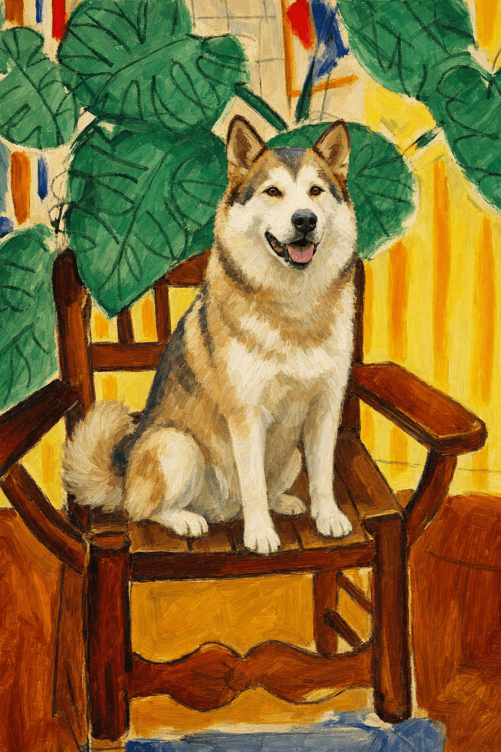 A pet sitting on a brown chair, looking at the viewer. Colors are applied with minimal blending, creating a flat, illustrative feel. The brushwork is broad, rapid, and direct. Strokes are loose, visible, applied thinly, defining the forms quickly without building up significant physical texture or impasto on the surface.