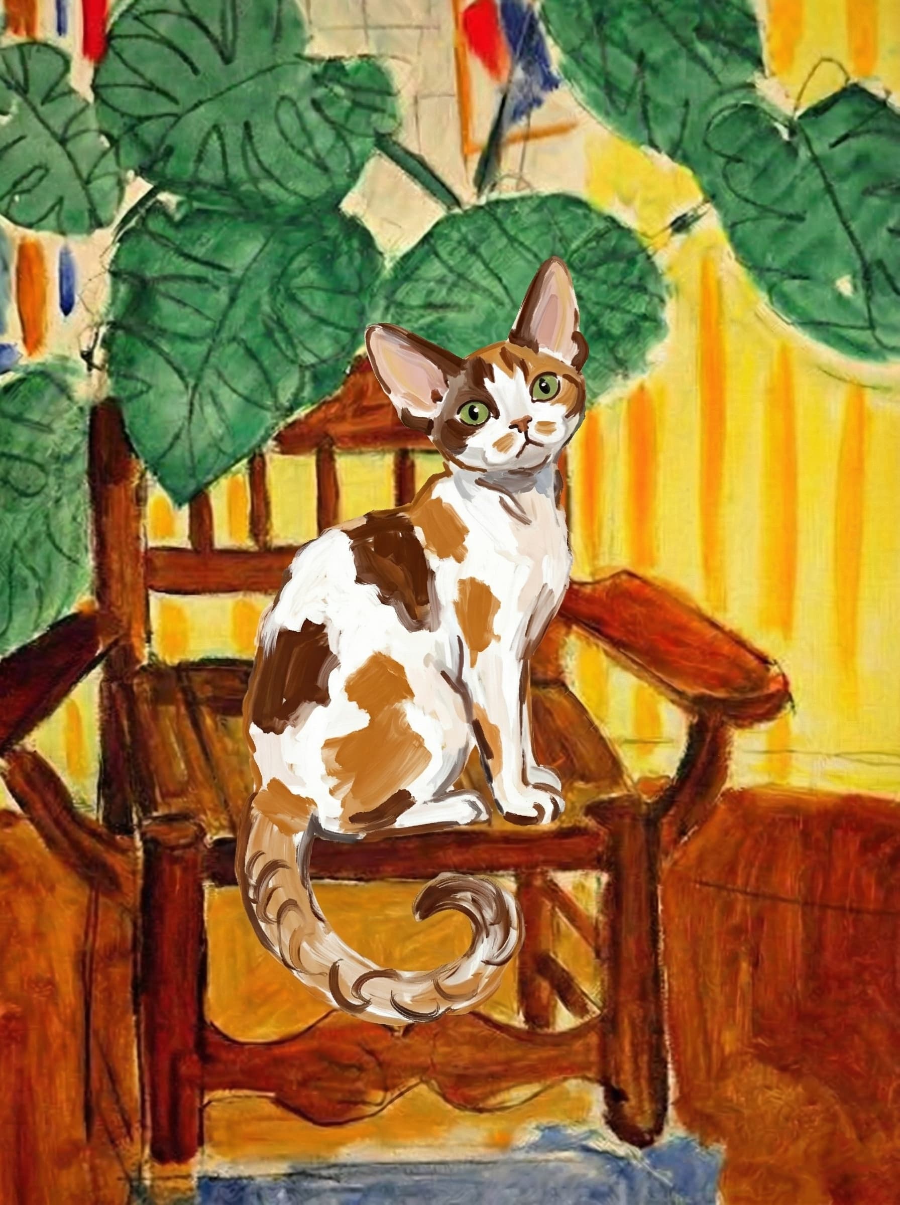 A pet sitting on a brown chair, looking at the viewer. Colors are applied with minimal blending, creating a flat, illustrative feel. The brushwork is broad, rapid, and direct. Strokes are loose, visible, applied thinly, defining the forms quickly without building up significant physical texture or impasto on the surface.