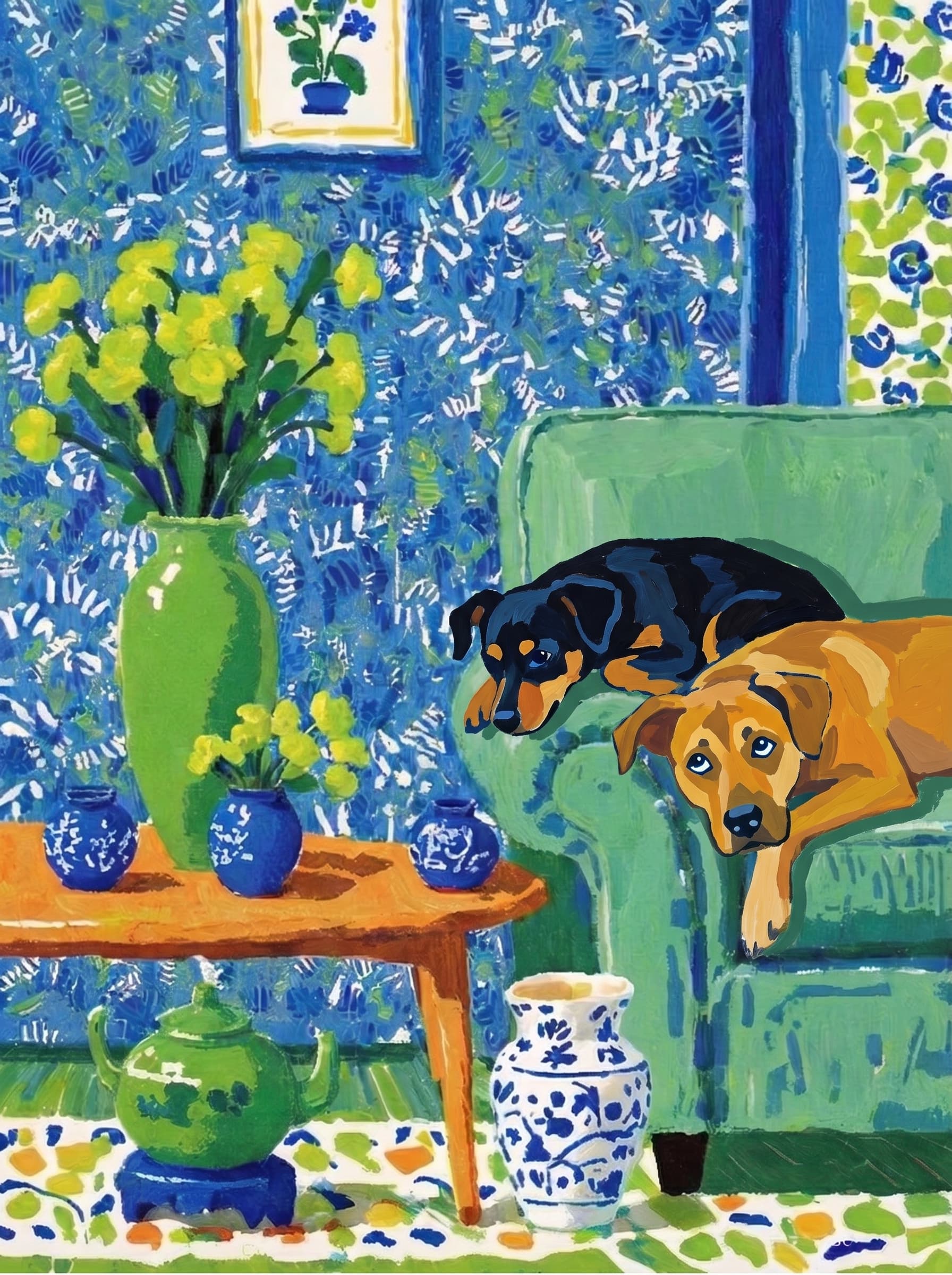 A pet lazy lying on the couch, with head tilt on the edge of couch, eye looking at the the vase. Art Style: Paint in Fauvism, post-impressionism style. Use simplified shapes, exaggerates color, and flattens perspective to create charm and personality.
Use saturated, non-naturalistic colors and flattened perspective reminiscent of Henri Matisse.
The brushwork is loose, visible, and painterly, with uneven strokes that give the surface texture and movement.
Paint with large areas of flat color patches, simplified shapes, bold decorative outlines, and minimal blending.
The composition is flattened and slightly distorted, with compressed perspective.
The painting is expressive, utilizing thick, confident strokes and quick, rhythmic marks that prioritize texture and visual energy over realistic blending or depth.