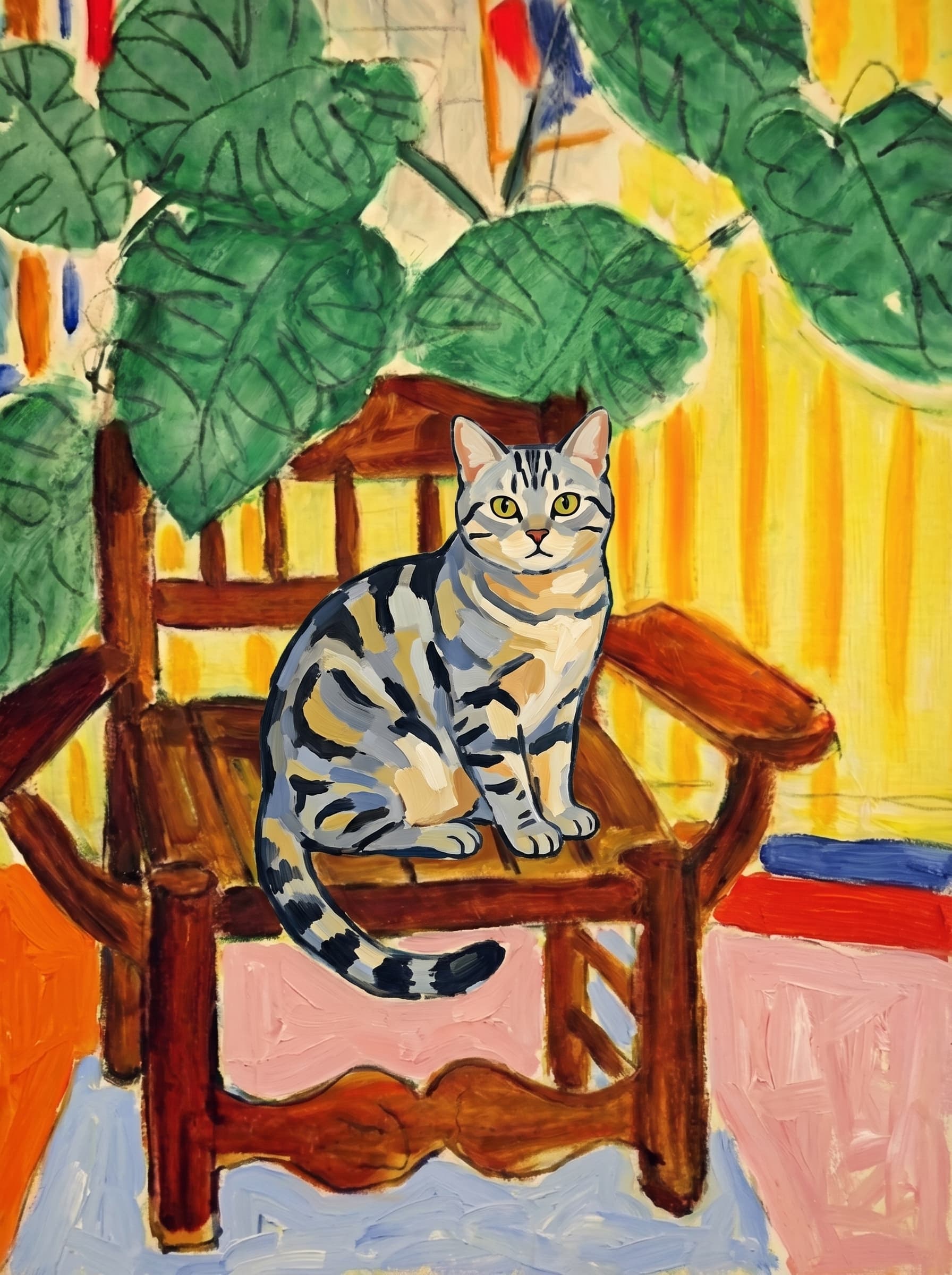 A pet sitting on a brown chair, looking at the viewer. Art Style: Paint in Fauvism, post-impressionism style. Use simplified shapes, exaggerates color, and flattens perspective to create charm and personality.
Use saturated, non-naturalistic colors and flattened perspective reminiscent of Henri Matisse.
The brushwork is loose, visible, and painterly, with uneven strokes that give the surface texture and movement.
Paint with large areas of flat color patches, simplified shapes, bold decorative outlines, and minimal blending.
The composition is flattened and slightly distorted, with compressed perspective.
The painting is expressive, utilizing thick, confident strokes and quick, rhythmic marks that prioritize texture and visual energy over realistic blending or depth.