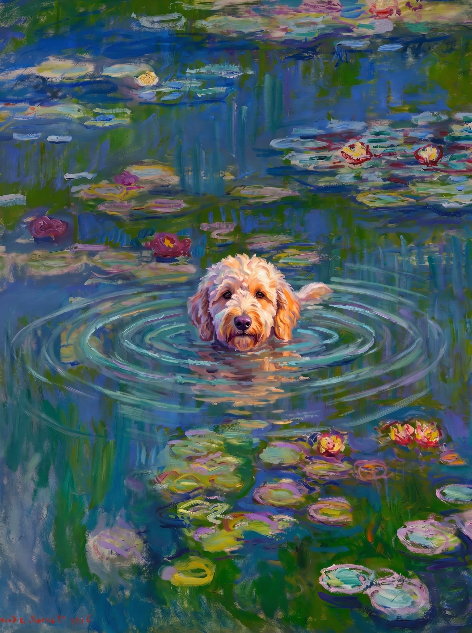 The pet should appear naturally integrated into the middle of the pond, swimming calmly through the water with only its head, upper neck, and a subtle suggestion of its back visible above the surface.
      The pet should be facing forward and looking directly at the viewer. Its wet fur should be suggested through painterly strokes.
      Blend the pet into the scene using Monet-like impressionist oil painting techniques: visible layered brushstrokes, soft broken color, blue-green reflections, violet shadows, golden-orange highlights, and shimmering ripples around the pet. 
      The water should partially obscure the pet’s body, with delicate circular ripples spreading outward. Nearby lily pads and water lilies should remain undisturbed but subtly interact with the ripples.
      The pet must feel like it was originally painted into the artwork, not pasted on top. Match the atmospheric softness, painterly texture, scale, perspective, and color harmony of the original Water Lilies painting. 
      Avoid photorealism, sharp outlines, modern digital effects, or excessive detail. The final image should look like a whimsical impressionist oil painting in the spirit of late Monet, with the pet quietly swimming among the lily pads at the center of the pond.
      Art Style: Paint in Fauvism, post-impressionism style. Use simplified shapes, exaggerates color, and flattens perspective to create charm and personality.
Use saturated, non-naturalistic colors and flattened perspective reminiscent of Henri Matisse.
The brushwork is loose, visible, and painterly, with uneven strokes that give the surface texture and movement.
Paint with large areas of flat color patches, simplified shapes, bold decorative outlines, and minimal blending.
The composition is flattened and slightly distorted, with compressed perspective.
The painting is expressive, utilizing thick, confident strokes and quick, rhythmic marks that prioritize texture and visual energy over realistic blending or depth.