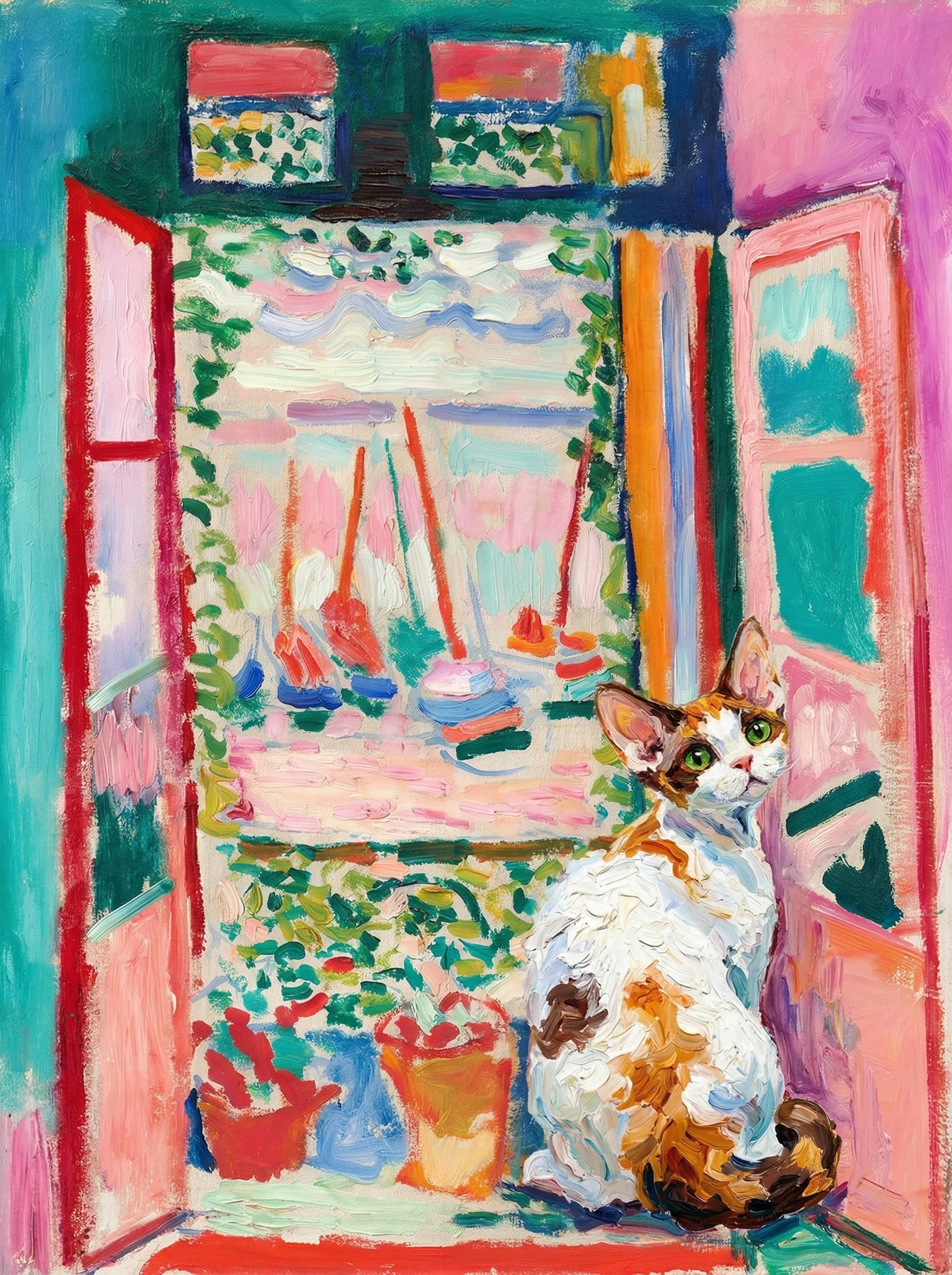 A pet sitting on the right bottom frame of an open door, with its back to the opening while facing the room, looking at the viewer, slight leaning on the right-side door panel. Paint in post-impressionism style. Use loosely painted, vibrantly colored, stylized, vertical painting.