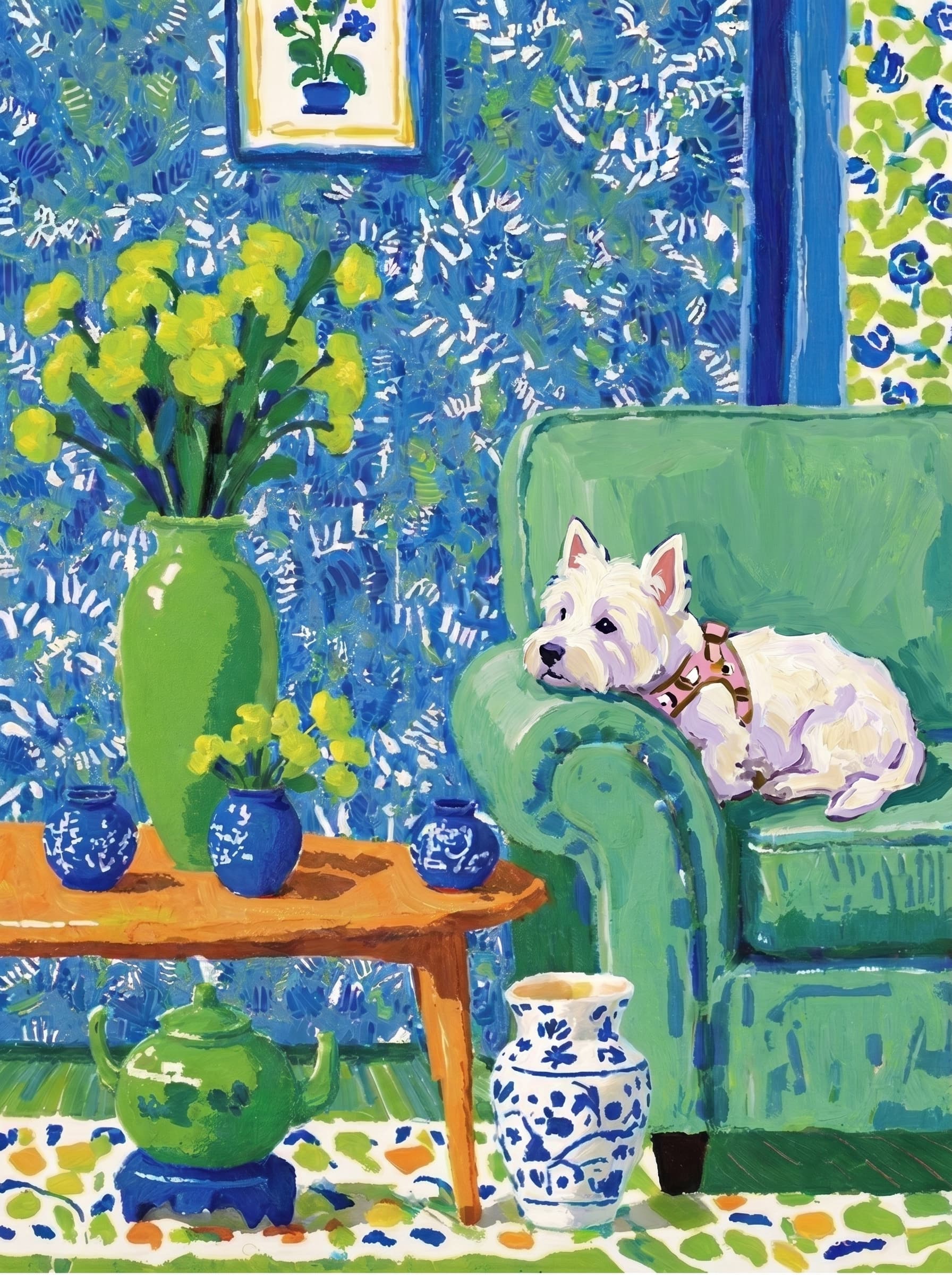 A pet lazy lying on the couch, with head tilt on the edge of couch, eye looking at the the vase. Art Style: Paint in Fauvism, post-impressionism style. Use simplified shapes, exaggerates color, and flattens perspective to create charm and personality.
Use saturated, non-naturalistic colors and flattened perspective reminiscent of Henri Matisse.
The brushwork is loose, visible, and painterly, with uneven strokes that give the surface texture and movement.
Paint with large areas of flat color patches, simplified shapes, bold decorative outlines, and minimal blending.
The composition is flattened and slightly distorted, with compressed perspective.
The painting is expressive, utilizing thick, confident strokes and quick, rhythmic marks that prioritize texture and visual energy over realistic blending or depth.