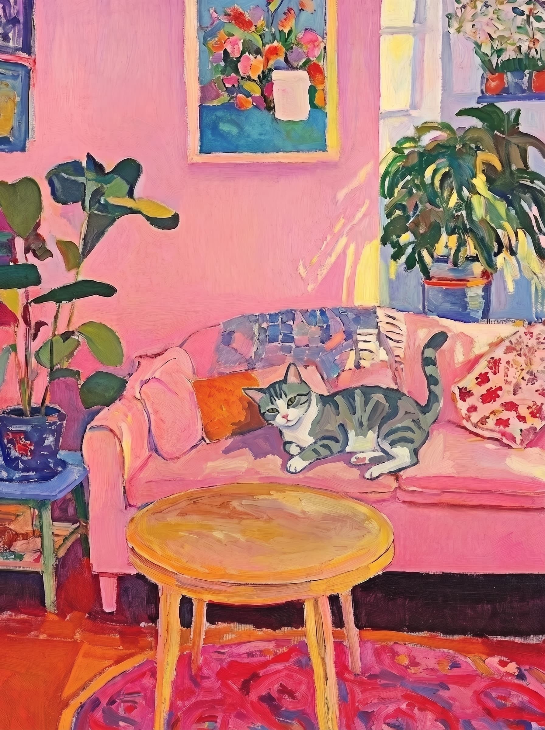 The painting shows a cozy, colorful interior with a warm pink wall and a large pink sofa in the foreground.
      The pet is resting lazily on a bright pink velvet sofa. The pet’s looked completely relaxed and content.
      The overall mood is cheerful and intimate, with bold outlines, visible brushstrokes, and slightly simplified forms.
      Art Style: Paint in Fauvism, post-impressionism style. Use simplified shapes, exaggerates color, and flattens perspective to create charm and personality.
Use saturated, non-naturalistic colors and flattened perspective reminiscent of Henri Matisse.
The brushwork is loose, visible, and painterly, with uneven strokes that give the surface texture and movement.
Paint with large areas of flat color patches, simplified shapes, bold decorative outlines, and minimal blending.
The composition is flattened and slightly distorted, with compressed perspective.
The painting is expressive, utilizing thick, confident strokes and quick, rhythmic marks that prioritize texture and visual energy over realistic blending or depth.