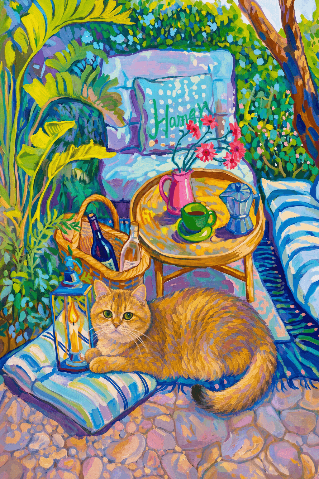 a cozy garden patio filled with lush tropical greenery, blue-and-white striped cushions, a round rattan table, picnic basket, lantern, books, flowers.
      The pet is lazily resting in the foreground, almost fall asleep with a relaxed and content expression.
      The composition feels intimate and inviting, with foliage and a tree trunk framing the scene, the circular table anchoring the center, and expressive brushwork plus dappled light creating a lively, relaxed outdoor atmosphere.
      Art Style: Paint in Fauvism, post-impressionism style. Use simplified shapes, exaggerates color, and flattens perspective to create charm and personality.
Use saturated, non-naturalistic colors and flattened perspective reminiscent of Henri Matisse.
The brushwork is loose, visible, and painterly, with uneven strokes that give the surface texture and movement.
Paint with large areas of flat color patches, simplified shapes, bold decorative outlines, and minimal blending.
The composition is flattened and slightly distorted, with compressed perspective.
The painting is expressive, utilizing thick, confident strokes and quick, rhythmic marks that prioritize texture and visual energy over realistic blending or depth.