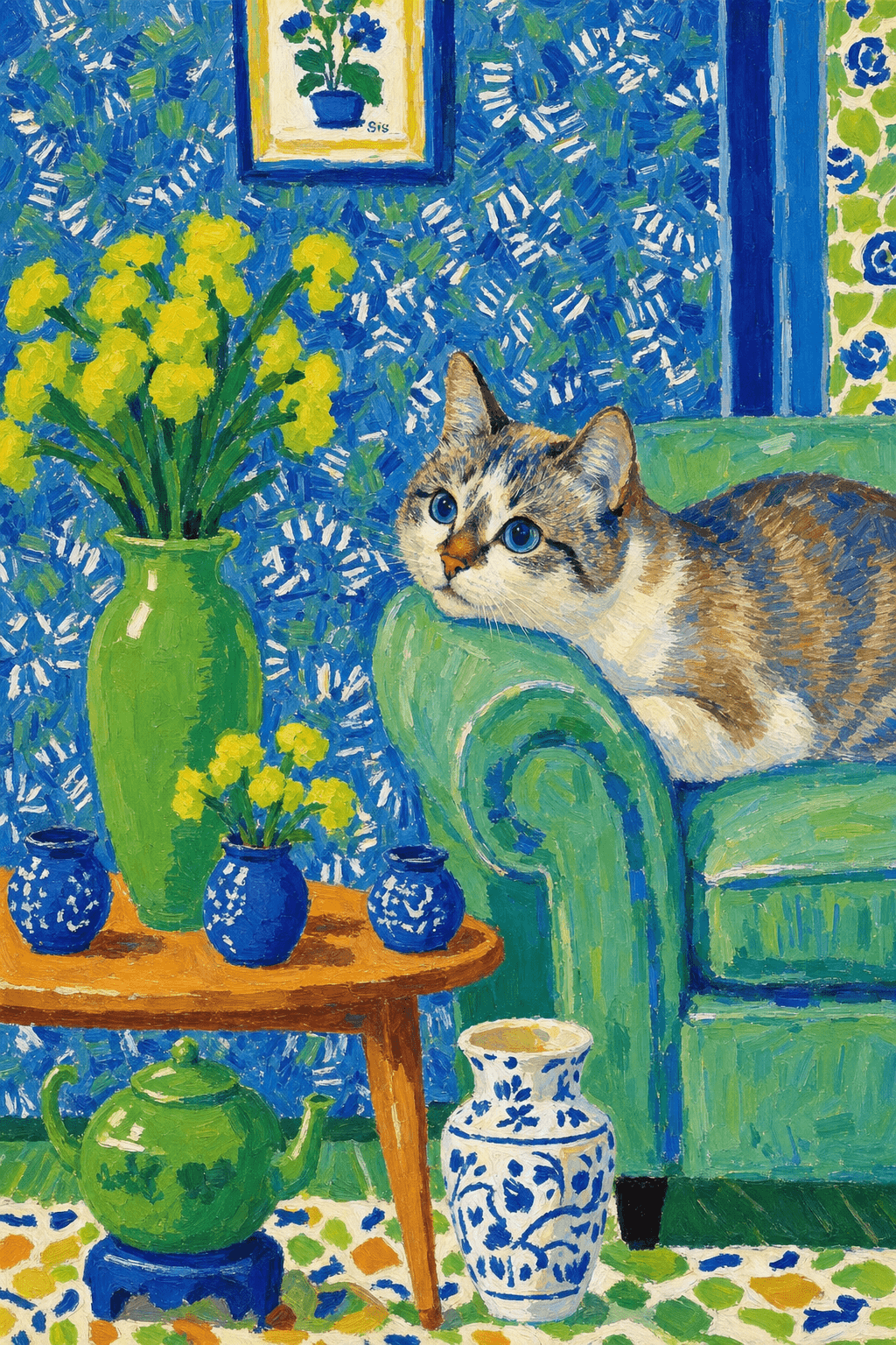A pet lazy lying on the couch, with head tilt on the edge of couch, eye looking at the the vase. paint in post-impressionism style. Use saturated, non-naturalistic colors and flattened perspective reminiscent of Henri Matisse. painterly and expressive, utilizing thick, confident strokes and quick, rhythmic marks that prioritize texture and visual energy over realistic blending or depth.