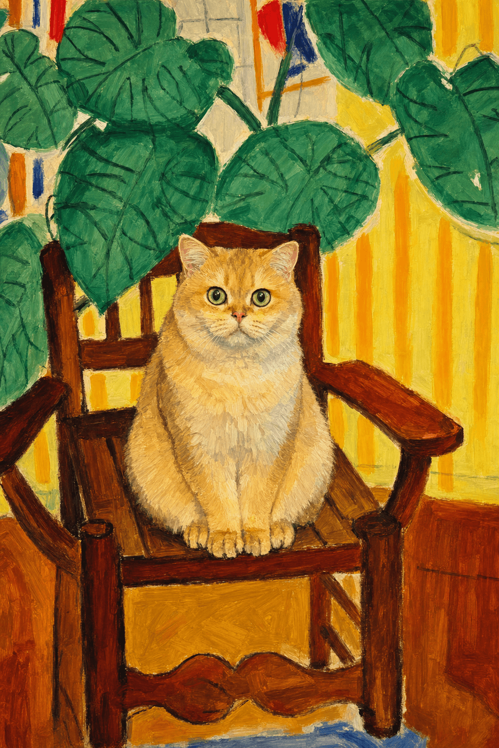 A pet sitting on a brown chair, looking at the viewer. Colors are applied with minimal blending, creating a flat, illustrative feel. The brushwork is broad, rapid, and direct. Strokes are loose, visible, applied thinly, defining the forms quickly without building up significant physical texture or impasto on the surface.