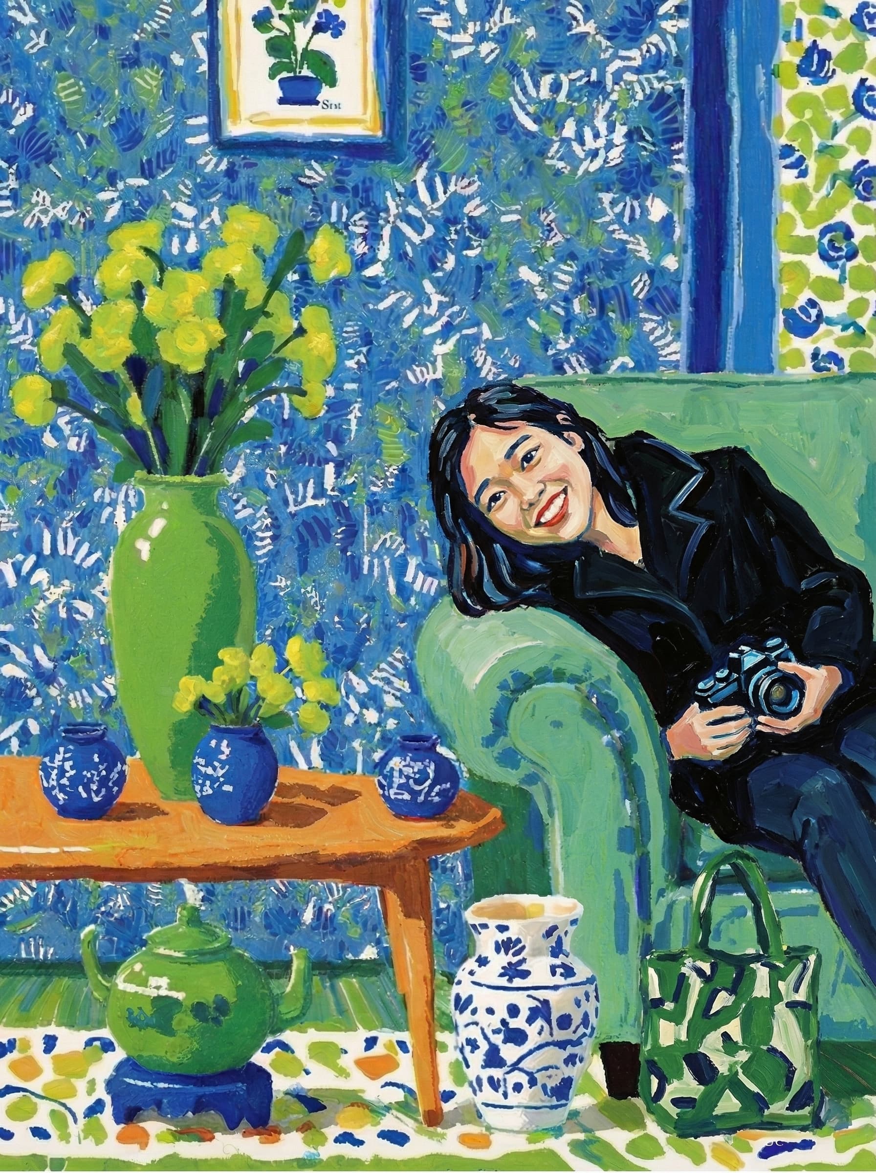 A pet lazy lying on the couch, with head tilt on the edge of couch, eye looking at the the vase. paint in post-impressionism style. Use saturated, non-naturalistic colors and flattened perspective reminiscent of Henri Matisse. painterly and expressive, utilizing thick, confident strokes and quick, rhythmic marks that prioritize texture and visual energy over realistic blending or depth.