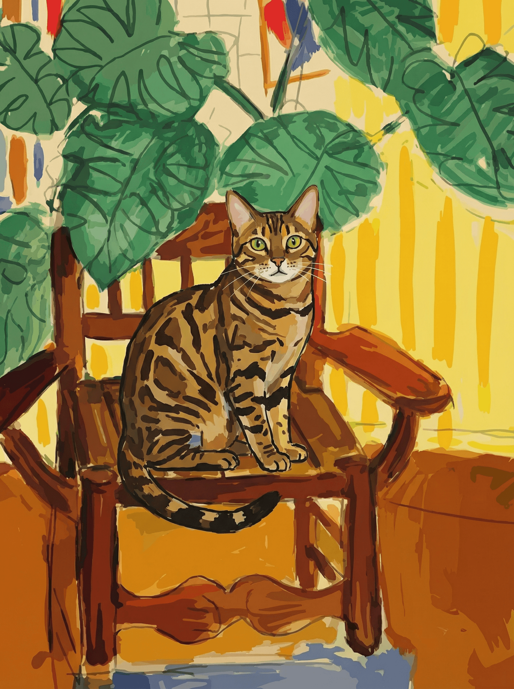 A pet sitting on a brown chair, looking at the viewer. Colors are applied with minimal blending, creating a flat, illustrative feel. The brushwork is broad, rapid, and direct. Strokes are loose, visible, applied thinly, defining the forms quickly without building up significant physical texture or impasto on the surface.