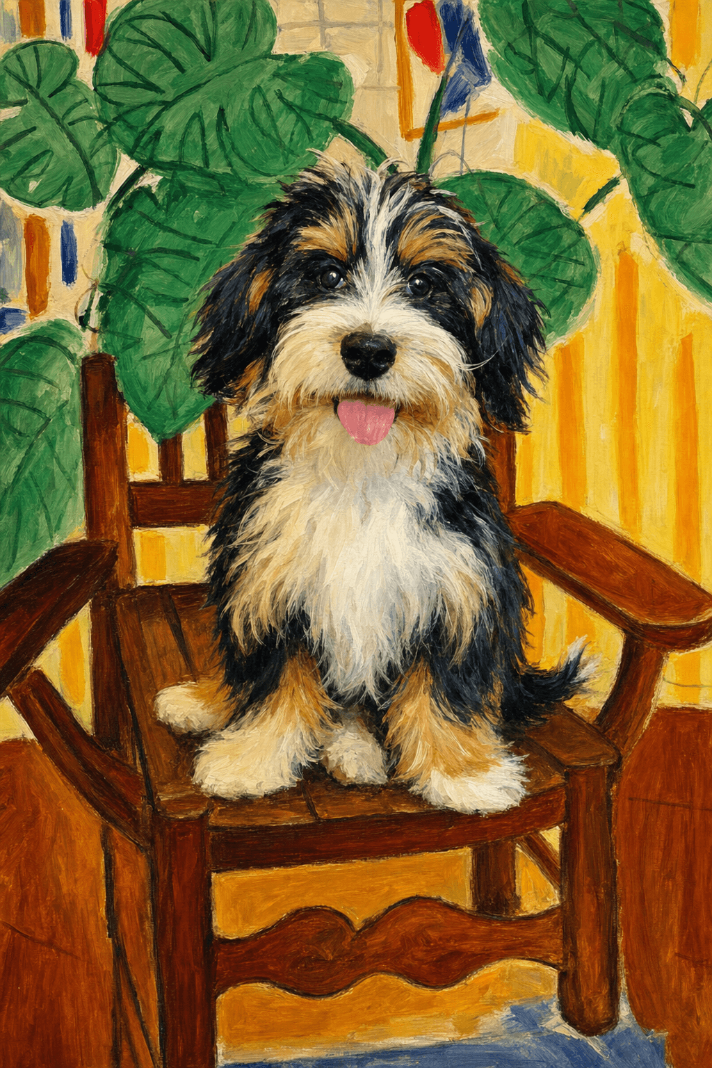 A pet sitting on a brown chair, looking at the viewer. Colors are applied with minimal blending, creating a flat, illustrative feel. The brushwork is broad, rapid, and direct. Strokes are loose, visible, applied thinly, defining the forms quickly without building up significant physical texture or impasto on the surface.