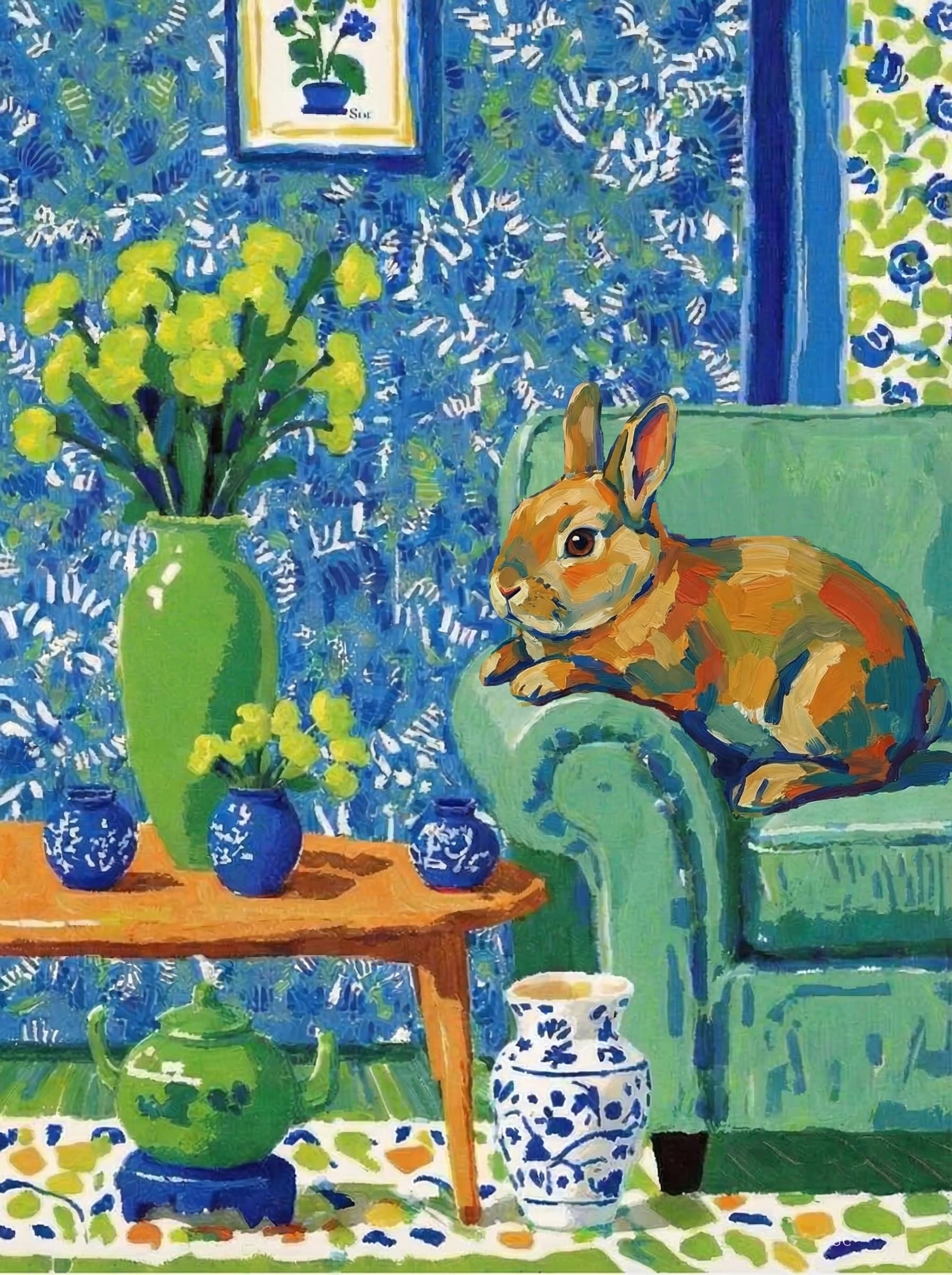 A pet lazy lying on the couch, with head tilt on the edge of couch, eye looking at the the vase. paint in post-impressionism style. Use saturated, non-naturalistic colors and flattened perspective reminiscent of Henri Matisse. painterly and expressive, utilizing thick, confident strokes and quick, rhythmic marks that prioritize texture and visual energy over realistic blending or depth.