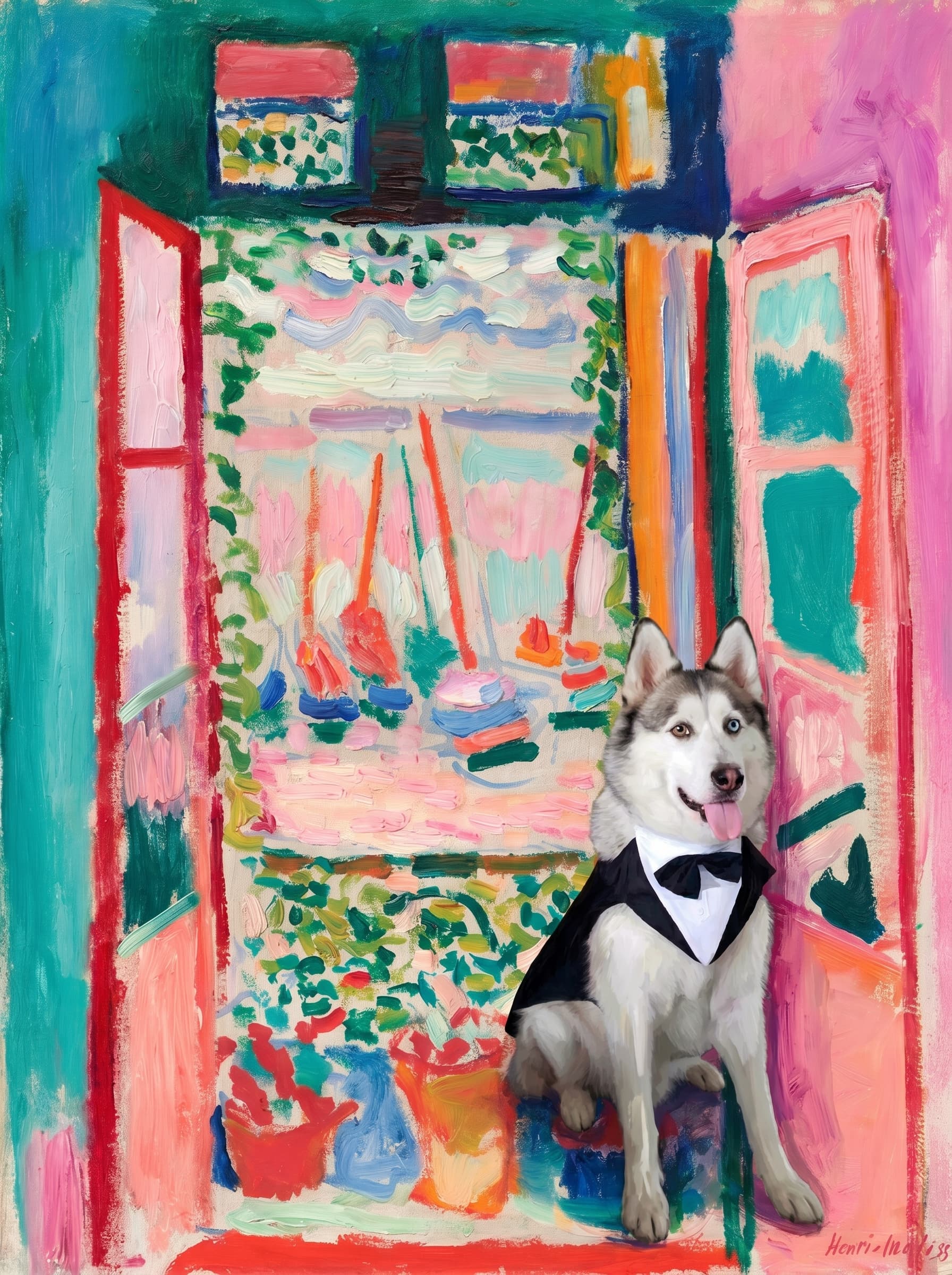 A pet sitting on the right bottom frame of an open door, with its back to the opening while facing the room, looking at the viewer, slight leaning on the right-side door panel. Paint in post-impressionism style. Use loosely painted, vibrantly colored, stylized, vertical painting.