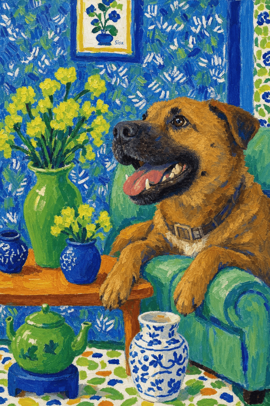 A pet lazy lying on the couch, with head tilt on the edge of couch, eye looking at the the vase. paint in post-impressionism style. Use saturated, non-naturalistic colors and flattened perspective reminiscent of Henri Matisse. painterly and expressive, utilizing thick, confident strokes and quick, rhythmic marks that prioritize texture and visual energy over realistic blending or depth.