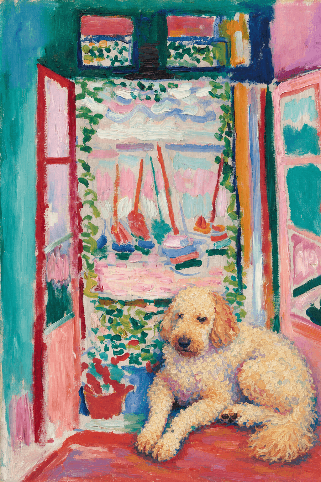 A pet sitting on the right bottom frame of an open door, with its back to the opening while facing the room, looking at the viewer, slight leaning on the right-side door panel. Paint in Fauvism, post-impressionism style. Use simplified shapes, exaggerates color, and flattens perspective to create charm and personality.
Use saturated, non-naturalistic colors and flattened perspective reminiscent of Henri Matisse.
The brushwork is loose, visible, and painterly, with uneven strokes that give the surface texture and movement.
The composition is flattened and slightly distorted, with compressed perspective.
The painting is expressive, utilizing thick, confident strokes and quick, rhythmic marks that prioritize texture and visual energy over realistic blending or depth.
