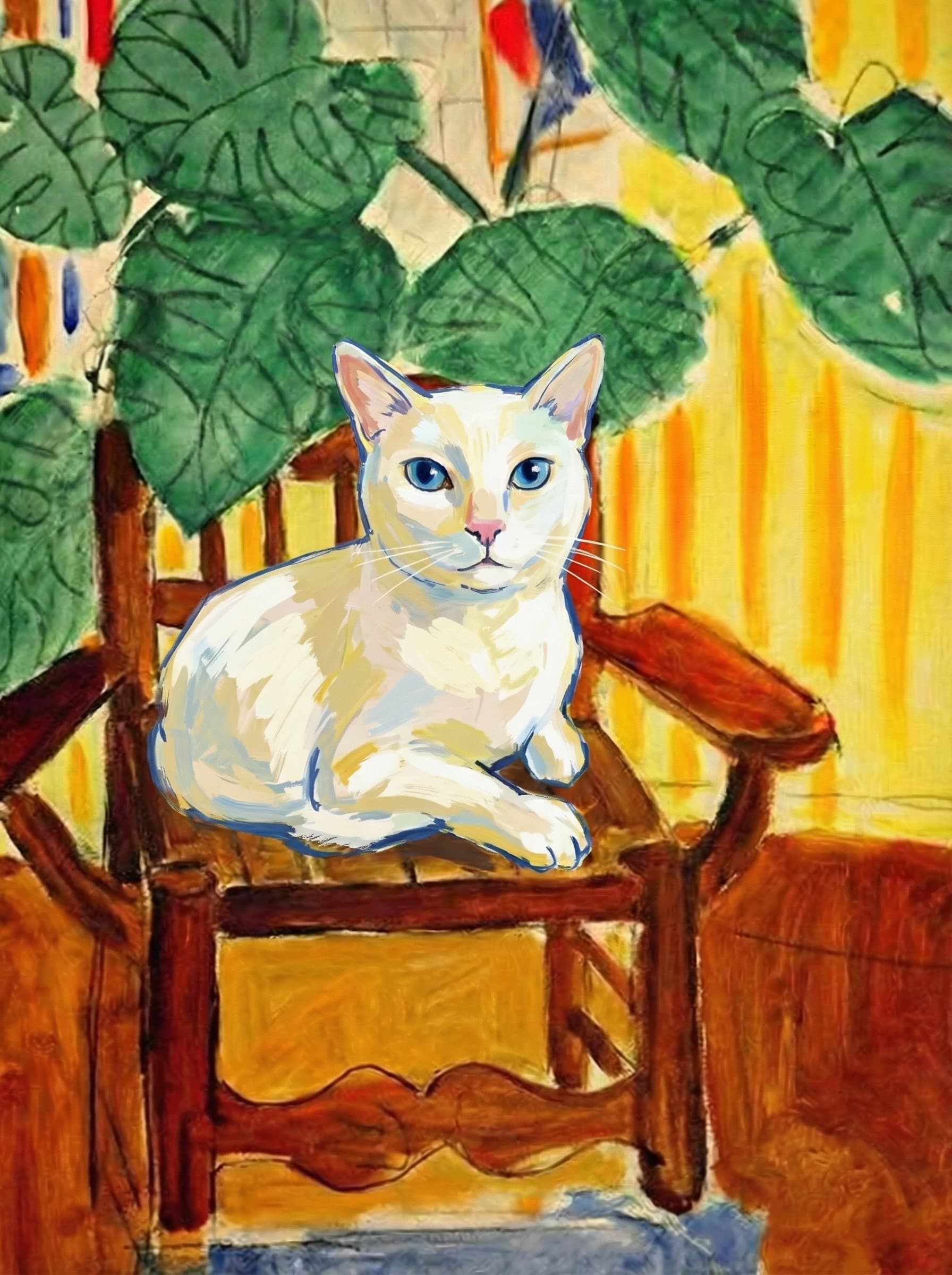 A pet sitting on a brown chair, looking at the viewer. Colors are applied with minimal blending, creating a flat, illustrative feel. The brushwork is broad, rapid, and direct. Strokes are loose, visible, applied thinly, defining the forms quickly without building up significant physical texture or impasto on the surface.
