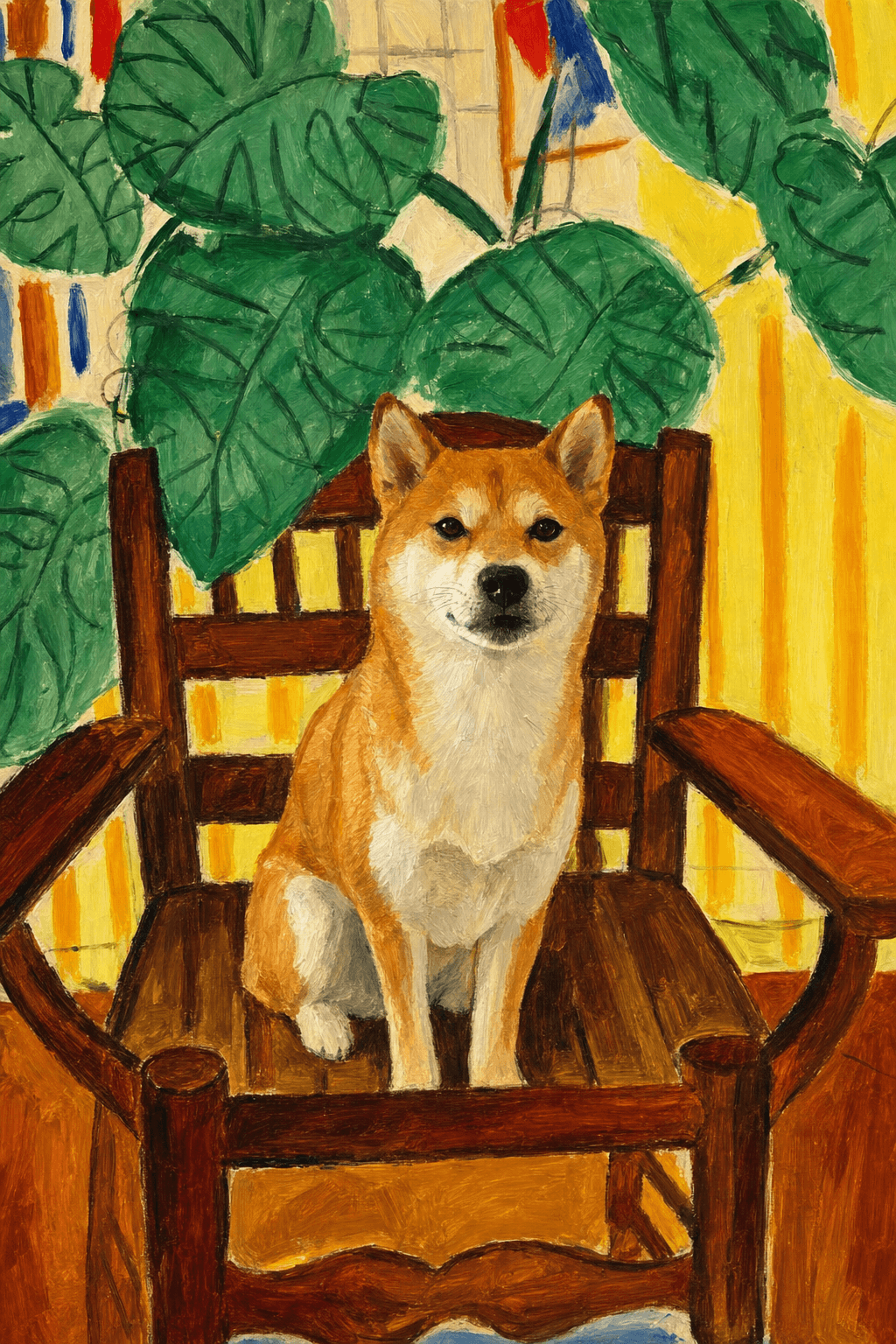 A pet sitting on a brown chair, looking at the viewer. Colors are applied with minimal blending, creating a flat, illustrative feel. The brushwork is broad, rapid, and direct. Strokes are loose, visible, applied thinly, defining the forms quickly without building up significant physical texture or impasto on the surface.