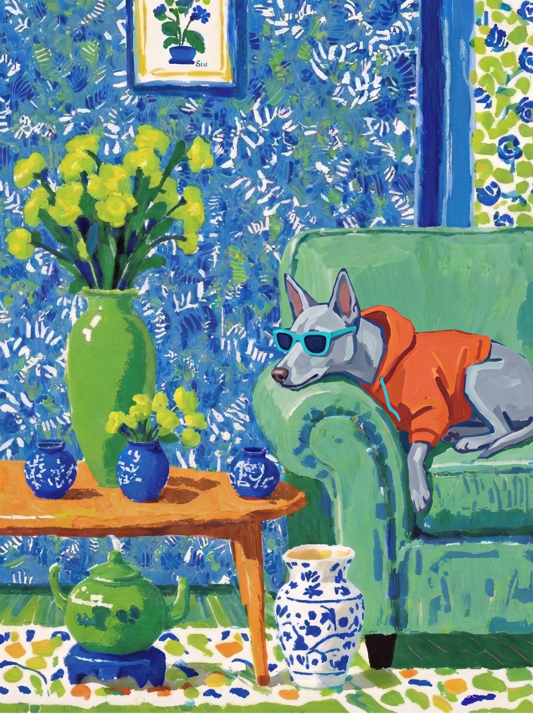 A pet lazy lying on the couch, with head tilt on the edge of couch, eye looking at the the vase. Art Style: Paint in Fauvism, post-impressionism style. Use simplified shapes, exaggerates color, and flattens perspective to create charm and personality.
Use saturated, non-naturalistic colors and flattened perspective reminiscent of Henri Matisse.
The brushwork is loose, visible, and painterly, with uneven strokes that give the surface texture and movement.
Paint with large areas of flat color patches, simplified shapes, bold decorative outlines, and minimal blending.
The composition is flattened and slightly distorted, with compressed perspective.
The painting is expressive, utilizing thick, confident strokes and quick, rhythmic marks that prioritize texture and visual energy over realistic blending or depth.