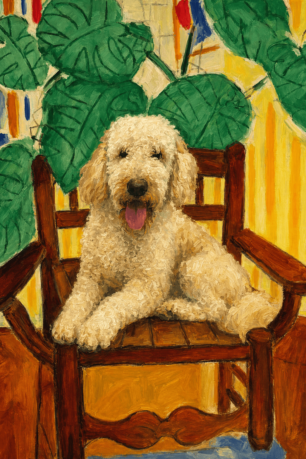 A pet sitting on a brown chair, looking at the viewer. Colors are applied with minimal blending, creating a flat, illustrative feel. The brushwork is broad, rapid, and direct. Strokes are loose, visible, applied thinly, defining the forms quickly without building up significant physical texture or impasto on the surface.