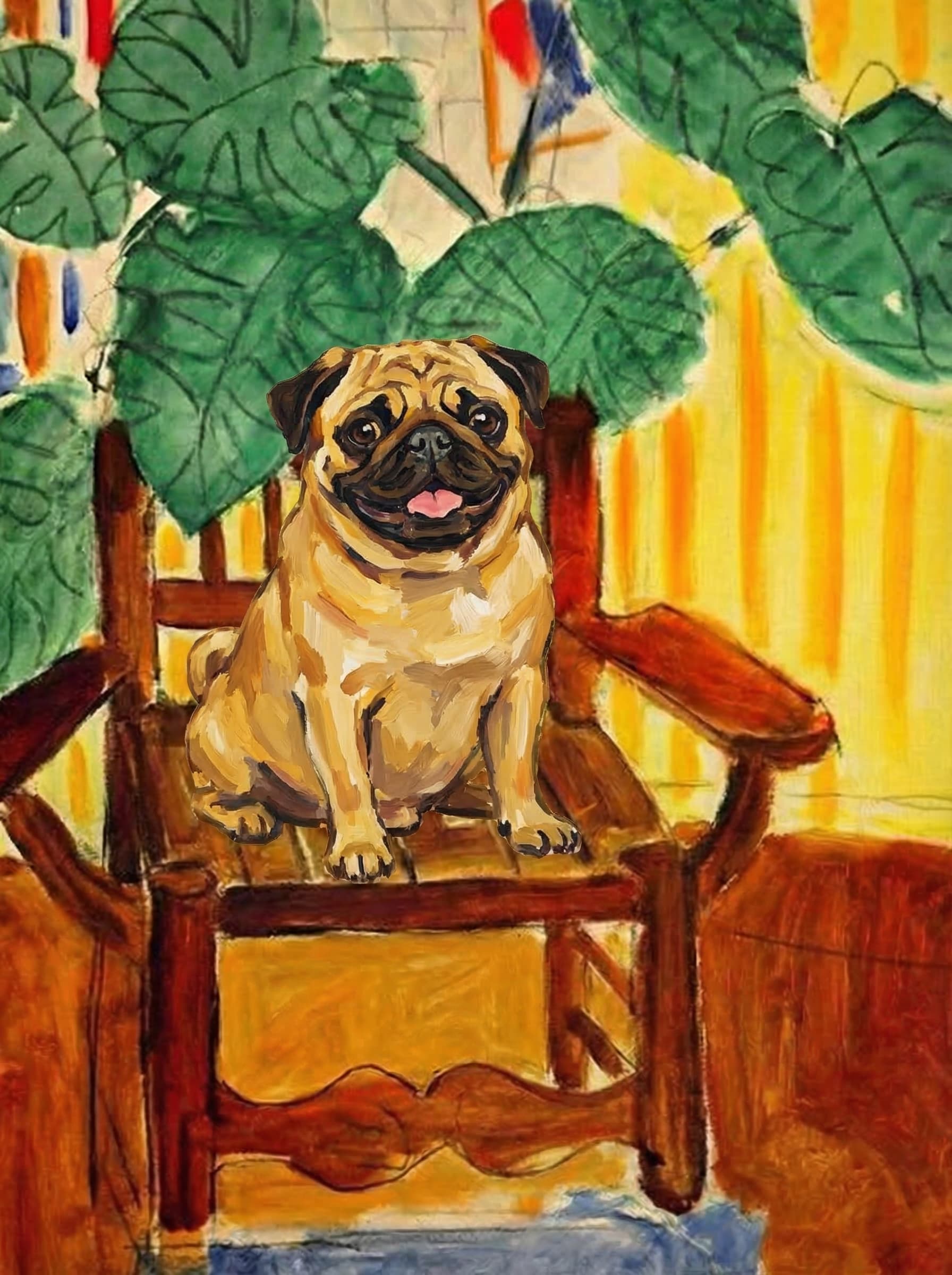 A pet sitting on a brown chair, looking at the viewer. Colors are applied with minimal blending, creating a flat, illustrative feel. The brushwork is broad, rapid, and direct. Strokes are loose, visible, applied thinly, defining the forms quickly without building up significant physical texture or impasto on the surface.