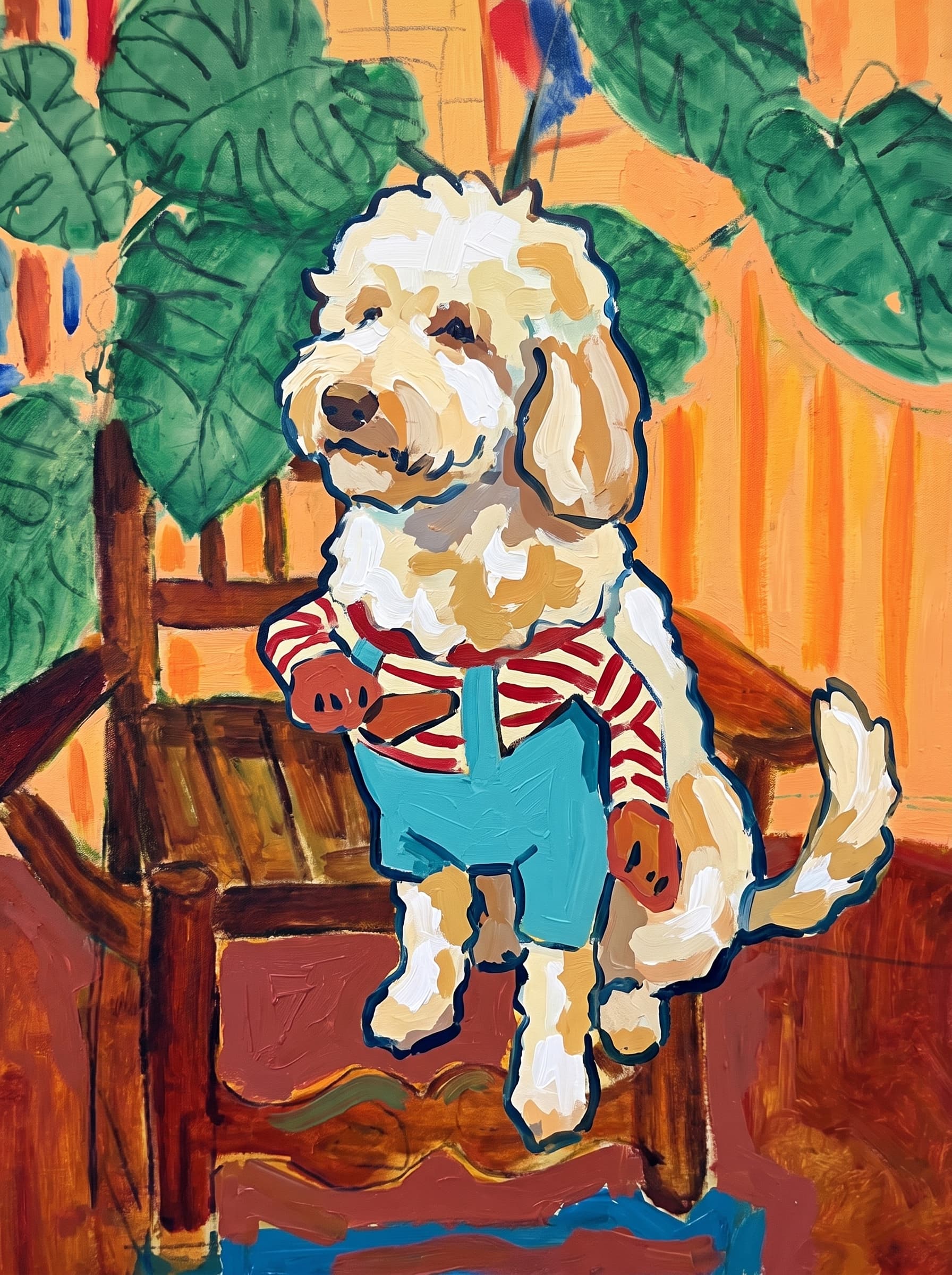 A pet sitting on a brown chair, looking at the viewer. Art Style: Paint in Fauvism, post-impressionism style. Use simplified shapes, exaggerates color, and flattens perspective to create charm and personality.
Use saturated, non-naturalistic colors and flattened perspective reminiscent of Henri Matisse.
The brushwork is loose, visible, and painterly, with uneven strokes that give the surface texture and movement.
Paint with large areas of flat color patches, simplified shapes, bold decorative outlines, and minimal blending.
The composition is flattened and slightly distorted, with compressed perspective.
The painting is expressive, utilizing thick, confident strokes and quick, rhythmic marks that prioritize texture and visual energy over realistic blending or depth.