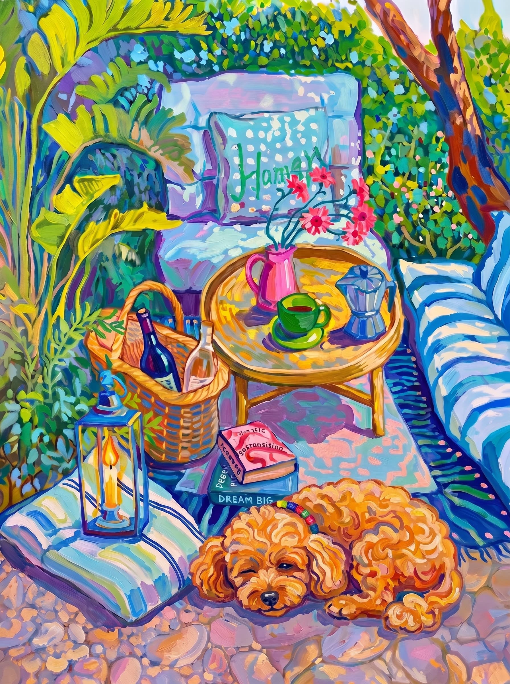 a cozy garden patio filled with lush tropical greenery, blue-and-white striped cushions, a round rattan table, picnic basket, lantern, books, flowers.
      The pet is lazily resting in the foreground, almost fall asleep with a relaxed and content expression.
      The composition feels intimate and inviting, with foliage and a tree trunk framing the scene, the circular table anchoring the center, and expressive brushwork plus dappled light creating a lively, relaxed outdoor atmosphere.
      Art Style: Paint in Fauvism, post-impressionism style. Use simplified shapes, exaggerates color, and flattens perspective to create charm and personality.
Use saturated, non-naturalistic colors and flattened perspective reminiscent of Henri Matisse.
The brushwork is loose, visible, and painterly, with uneven strokes that give the surface texture and movement.
Paint with large areas of flat color patches, simplified shapes, bold decorative outlines, and minimal blending.
The composition is flattened and slightly distorted, with compressed perspective.
The painting is expressive, utilizing thick, confident strokes and quick, rhythmic marks that prioritize texture and visual energy over realistic blending or depth.