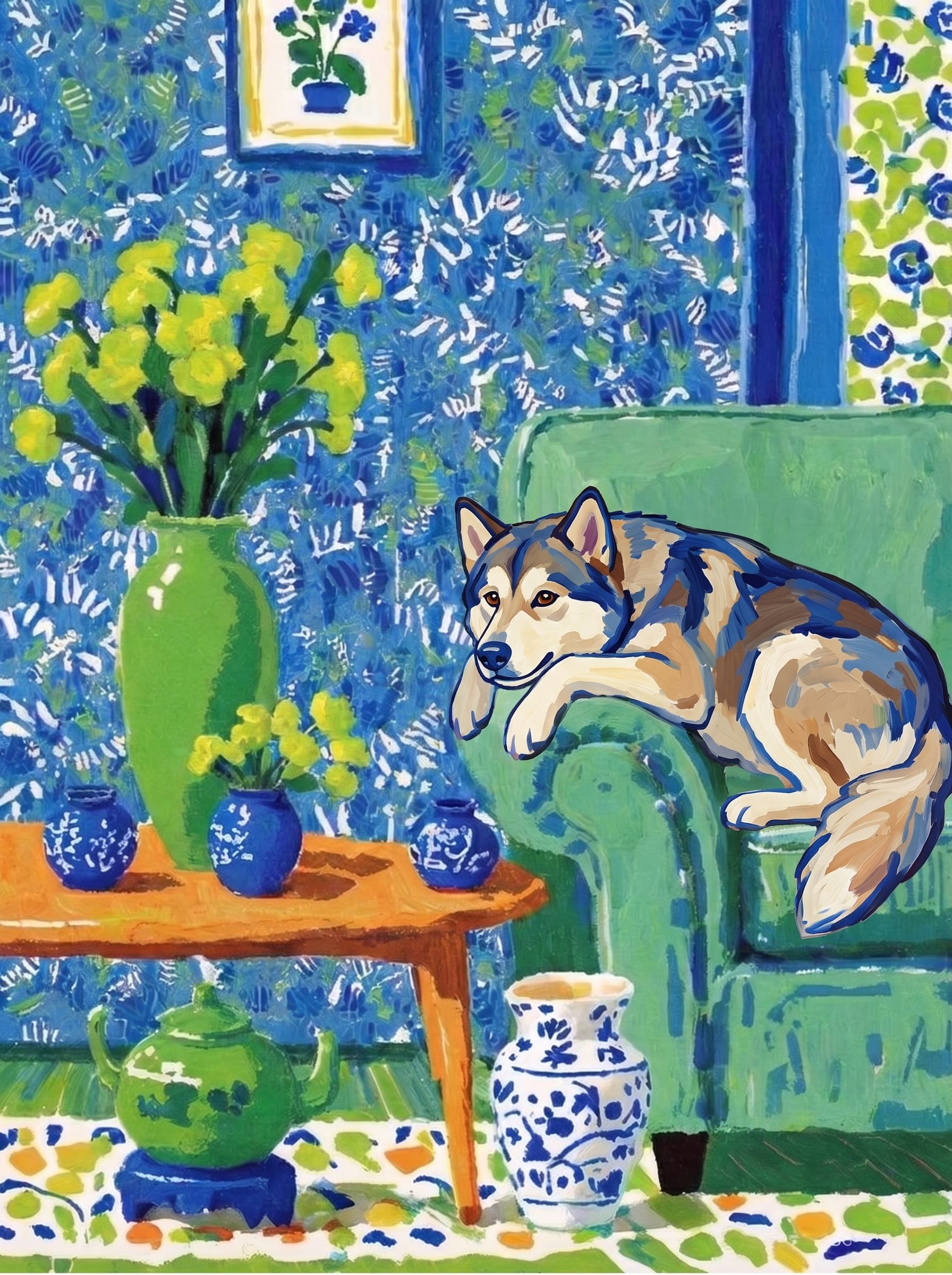 A pet lazy lying on the couch, with head tilt on the edge of couch, eye looking at the the vase. Art Style: Paint in Fauvism, post-impressionism style. Use simplified shapes, exaggerates color, and flattens perspective to create charm and personality.
Use saturated, non-naturalistic colors and flattened perspective reminiscent of Henri Matisse.
The brushwork is loose, visible, and painterly, with uneven strokes that give the surface texture and movement.
Paint with large areas of flat color patches, simplified shapes, bold decorative outlines, and minimal blending.
The composition is flattened and slightly distorted, with compressed perspective.
The painting is expressive, utilizing thick, confident strokes and quick, rhythmic marks that prioritize texture and visual energy over realistic blending or depth.