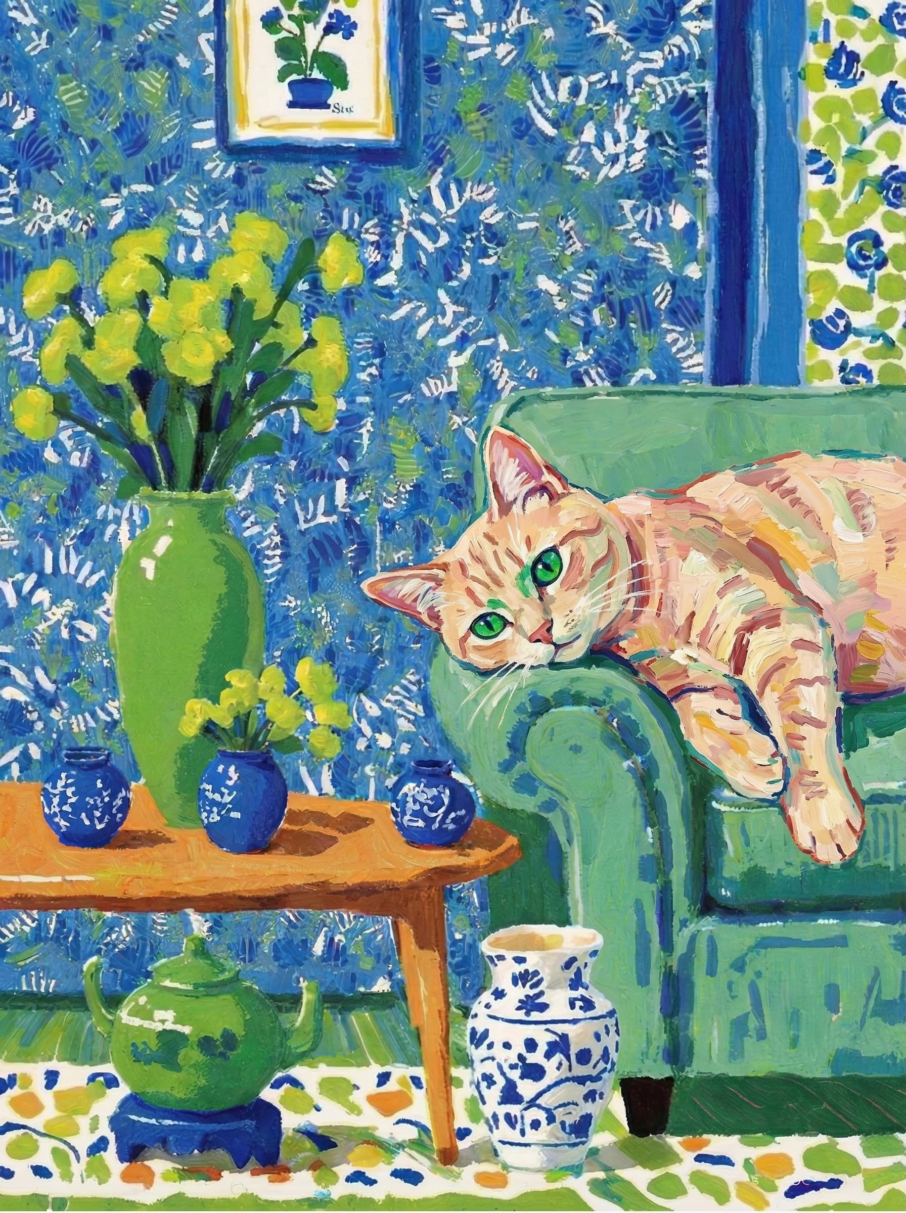 A pet lazy lying on the couch, with head tilt on the edge of couch, eye looking at the the vase. paint in post-impressionism style. Use saturated, non-naturalistic colors and flattened perspective reminiscent of Henri Matisse. painterly and expressive, utilizing thick, confident strokes and quick, rhythmic marks that prioritize texture and visual energy over realistic blending or depth.