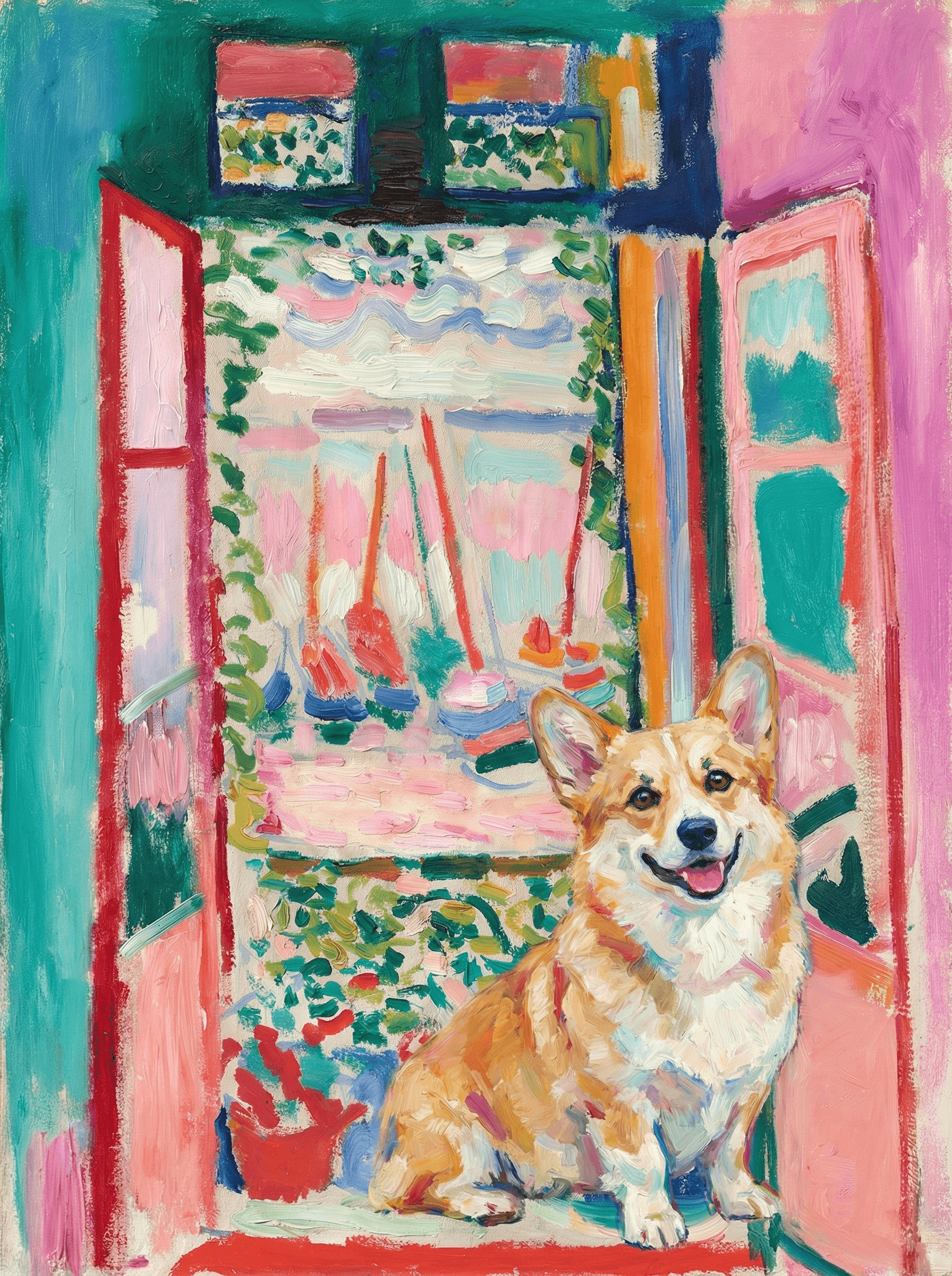 A pet sitting on the right bottom frame of an open door, with its back to the opening while facing the room, looking at the viewer, slight leaning on the right-side door panel. Paint in post-impressionism style. Use loosely painted, vibrantly colored, stylized, vertical painting.