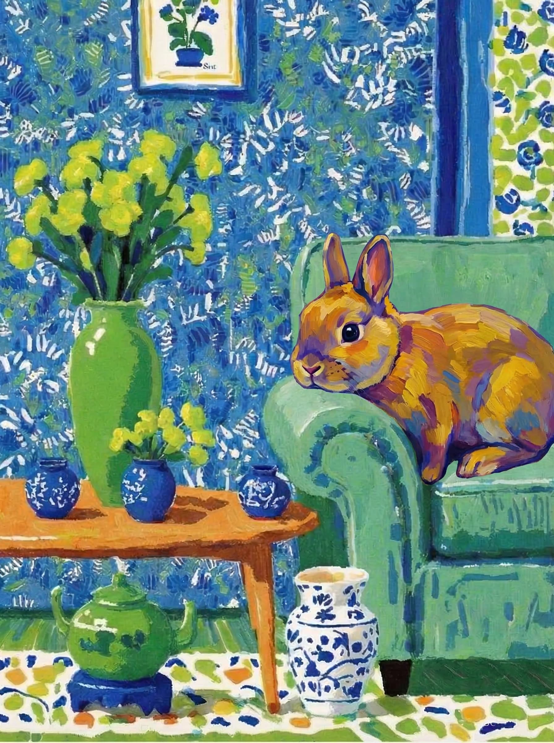 A pet lazy lying on the couch, with head tilt on the edge of couch, eye looking at the the vase. paint in post-impressionism style. Use saturated, non-naturalistic colors and flattened perspective reminiscent of Henri Matisse. painterly and expressive, utilizing thick, confident strokes and quick, rhythmic marks that prioritize texture and visual energy over realistic blending or depth.
