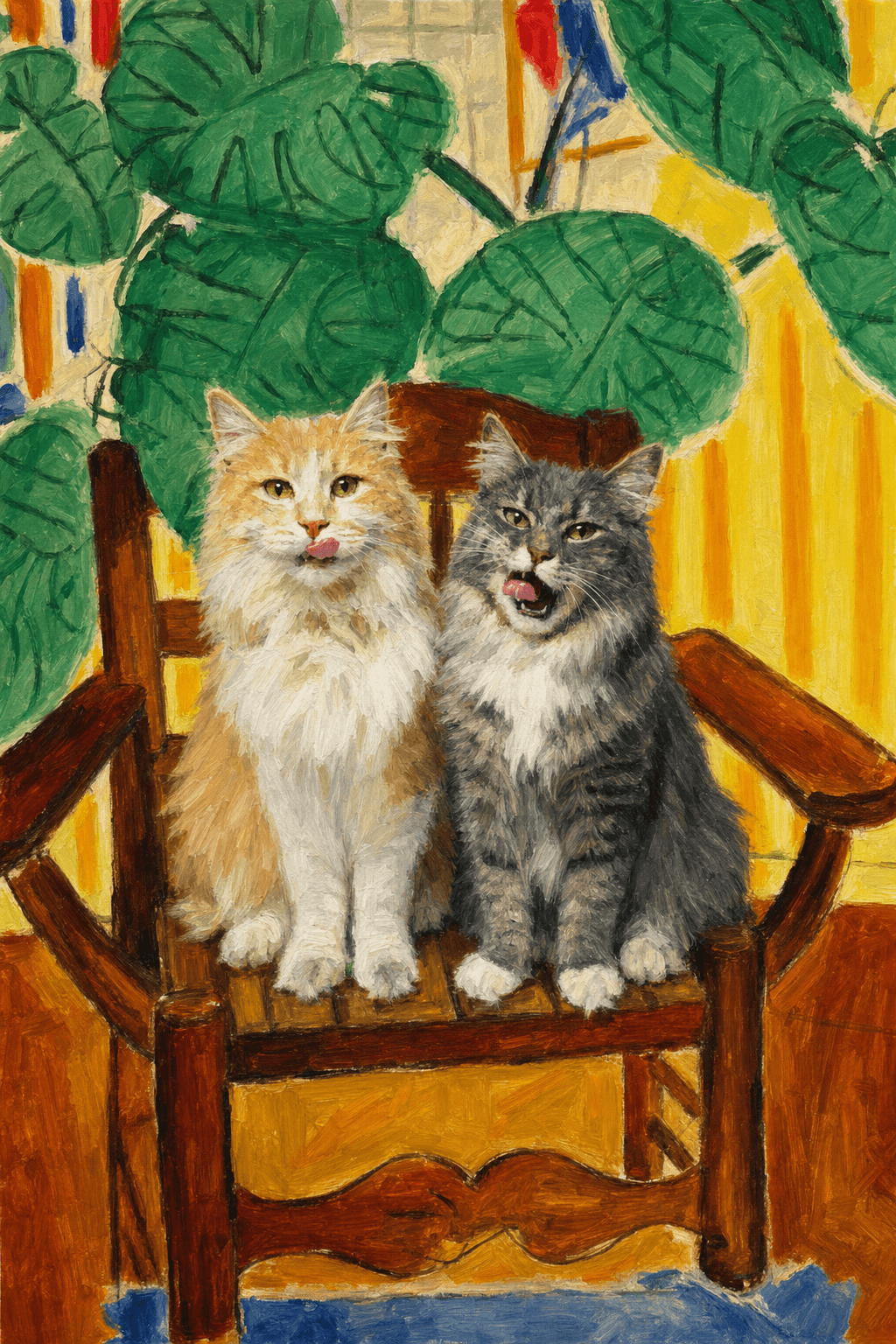 A pet sitting on a brown chair, looking at the viewer. Colors are applied with minimal blending, creating a flat, illustrative feel. The brushwork is broad, rapid, and direct. Strokes are loose, visible, applied thinly, defining the forms quickly without building up significant physical texture or impasto on the surface.