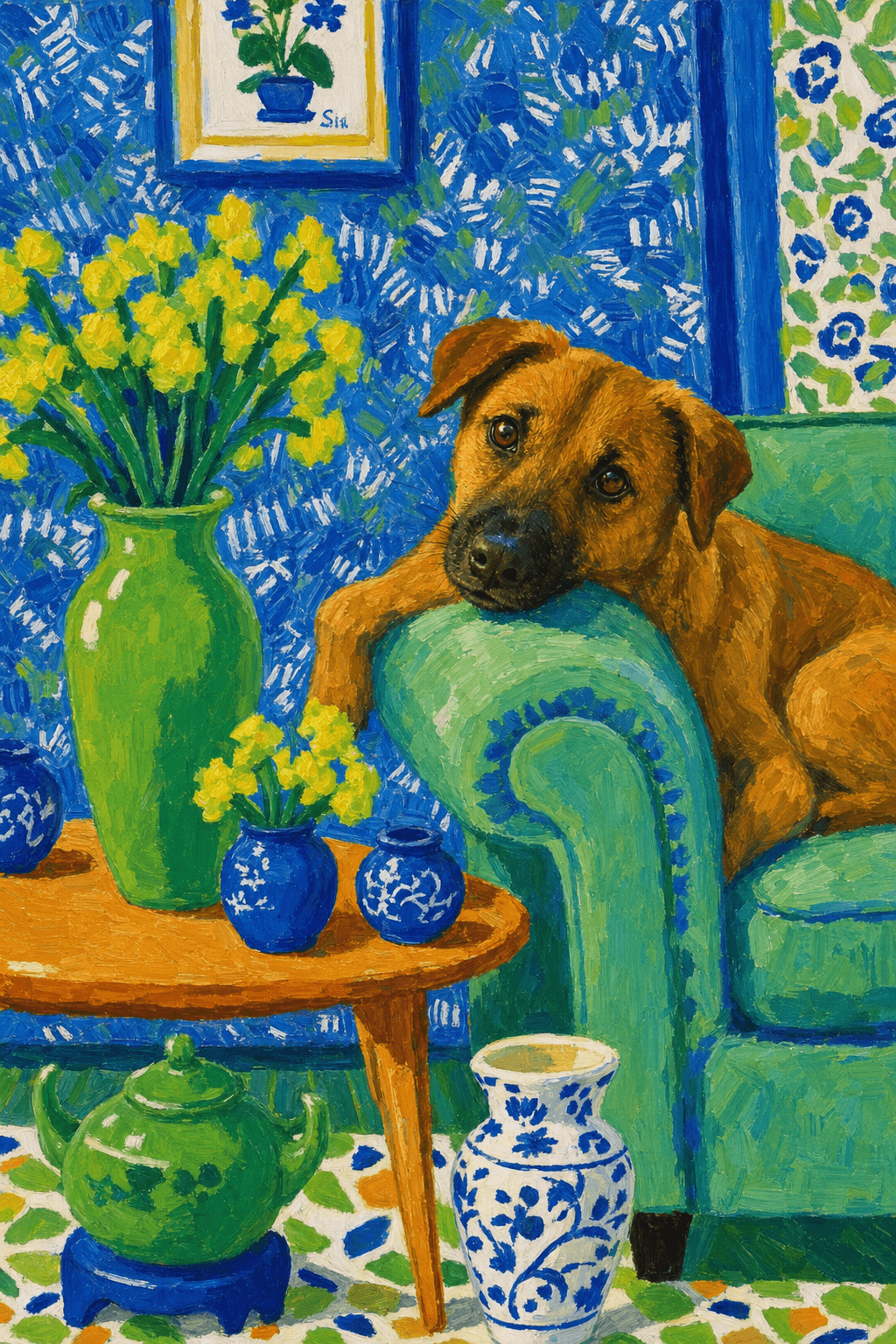 A pet lazy lying on the couch, with head tilt on the edge of couch, eye looking at the the vase. paint in post-impressionism style. Use saturated, non-naturalistic colors and flattened perspective reminiscent of Henri Matisse. painterly and expressive, utilizing thick, confident strokes and quick, rhythmic marks that prioritize texture and visual energy over realistic blending or depth.