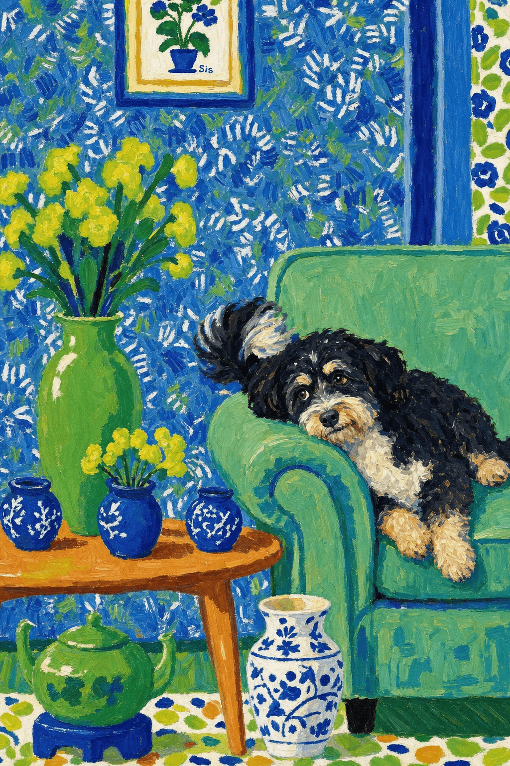 A pet lazy lying on the couch, with head tilt on the edge of couch, eye looking at the the vase. paint in post-impressionism style. Use saturated, non-naturalistic colors and flattened perspective reminiscent of Henri Matisse. painterly and expressive, utilizing thick, confident strokes and quick, rhythmic marks that prioritize texture and visual energy over realistic blending or depth.