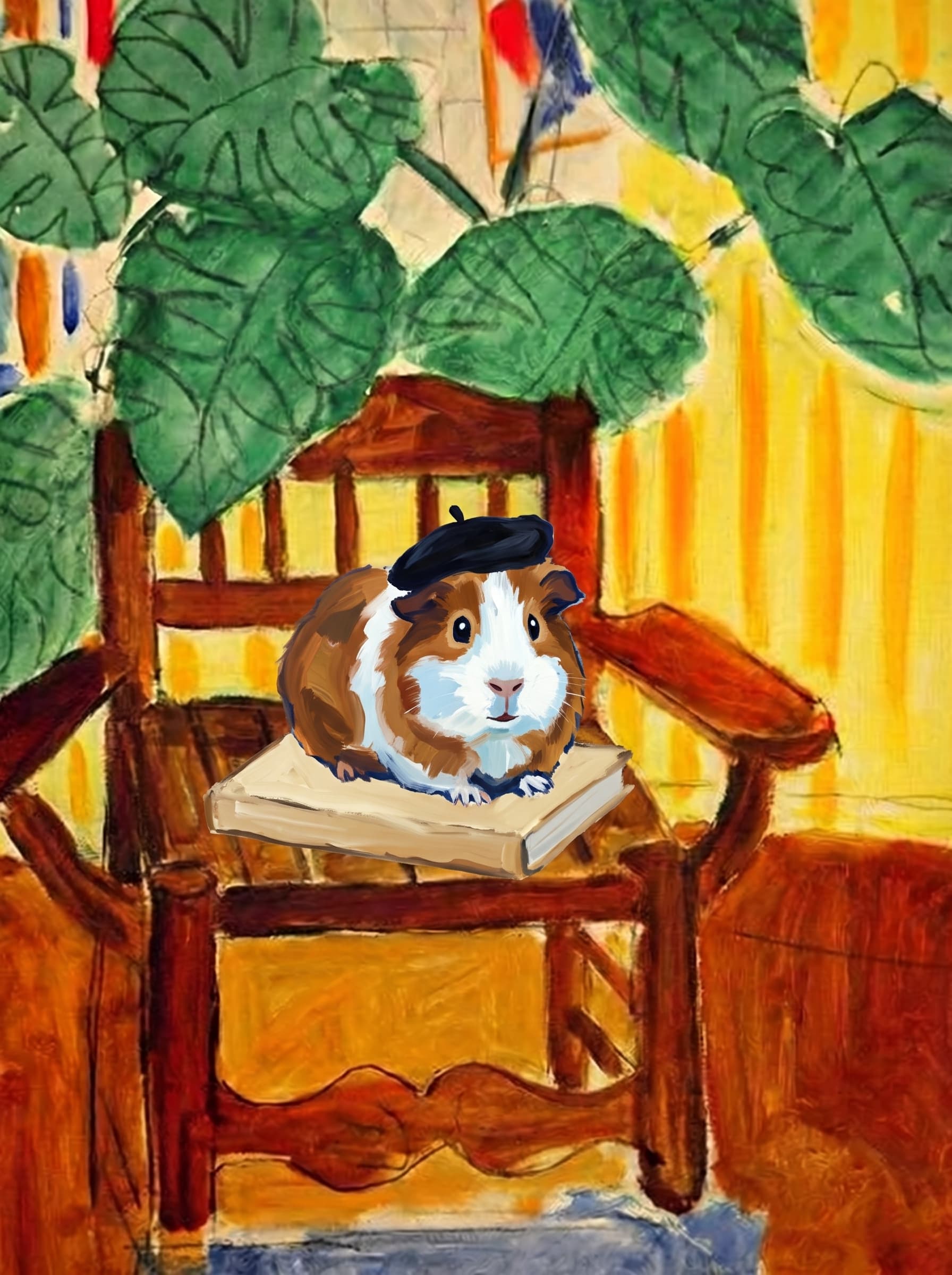 A pet sitting on a brown chair, looking at the viewer. Art Style: Paint in Fauvism, post-impressionism style. Use simplified shapes, exaggerates color, and flattens perspective to create charm and personality.
Use saturated, non-naturalistic colors and flattened perspective reminiscent of Henri Matisse.
The brushwork is loose, visible, and painterly, with uneven strokes that give the surface texture and movement.
Paint with large areas of flat color patches, simplified shapes, bold decorative outlines, and minimal blending.
The composition is flattened and slightly distorted, with compressed perspective.
The painting is expressive, utilizing thick, confident strokes and quick, rhythmic marks that prioritize texture and visual energy over realistic blending or depth.