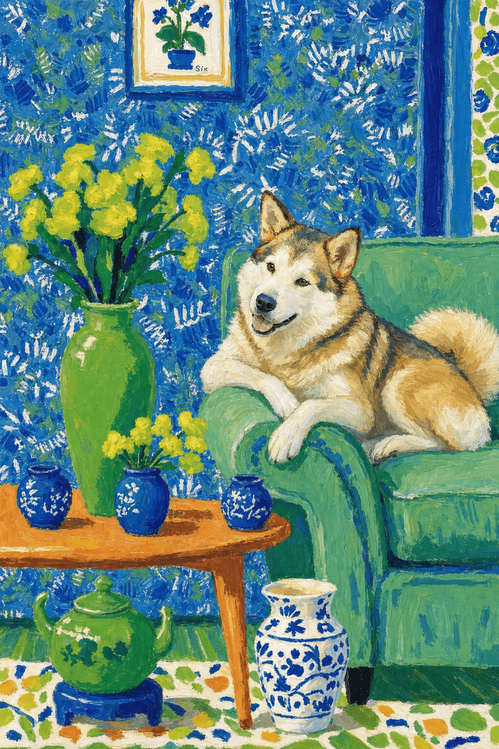 A pet lazy lying on the couch, with head tilt on the edge of couch, eye looking at the the vase. paint in post-impressionism style. Use saturated, non-naturalistic colors and flattened perspective reminiscent of Henri Matisse. painterly and expressive, utilizing thick, confident strokes and quick, rhythmic marks that prioritize texture and visual energy over realistic blending or depth.