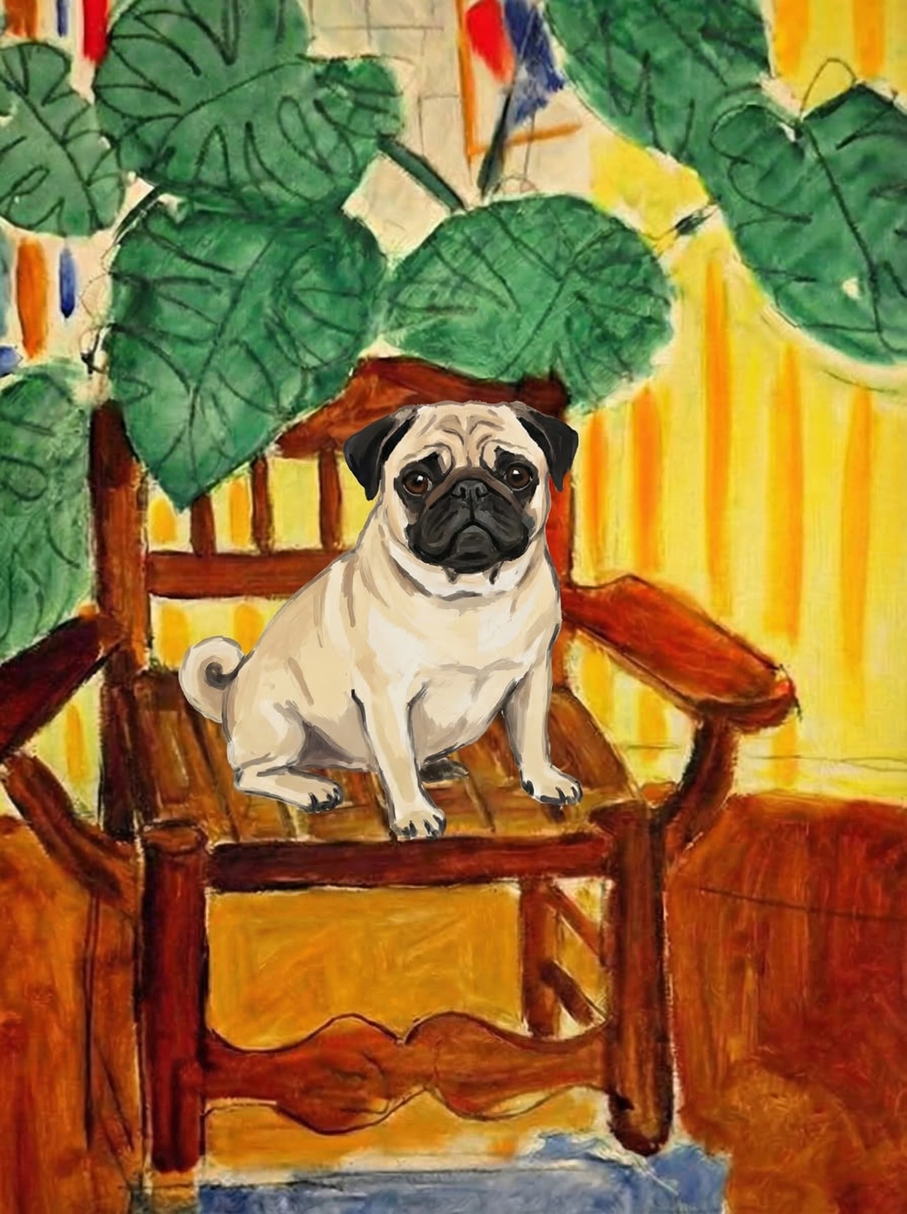 A pet sitting on a brown chair, looking at the viewer. Colors are applied with minimal blending, creating a flat, illustrative feel. The brushwork is broad, rapid, and direct. Strokes are loose, visible, applied thinly, defining the forms quickly without building up significant physical texture or impasto on the surface.