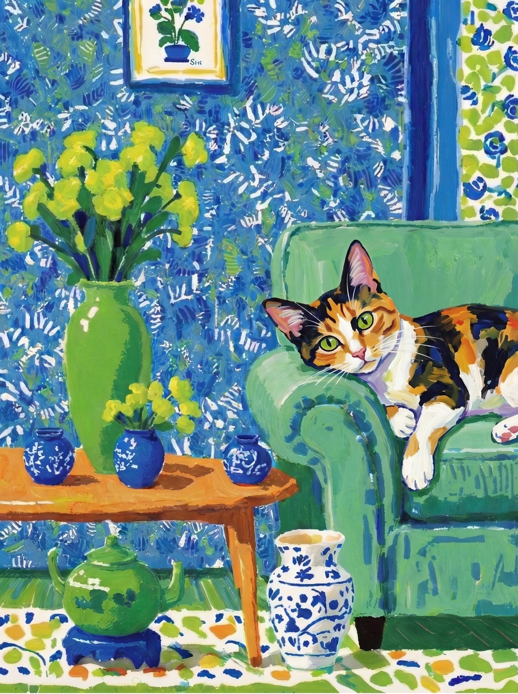 A pet lazy lying on the couch, with head tilt on the edge of couch, eye looking at the the vase. paint in post-impressionism style. Use saturated, non-naturalistic colors and flattened perspective reminiscent of Henri Matisse. painterly and expressive, utilizing thick, confident strokes and quick, rhythmic marks that prioritize texture and visual energy over realistic blending or depth.