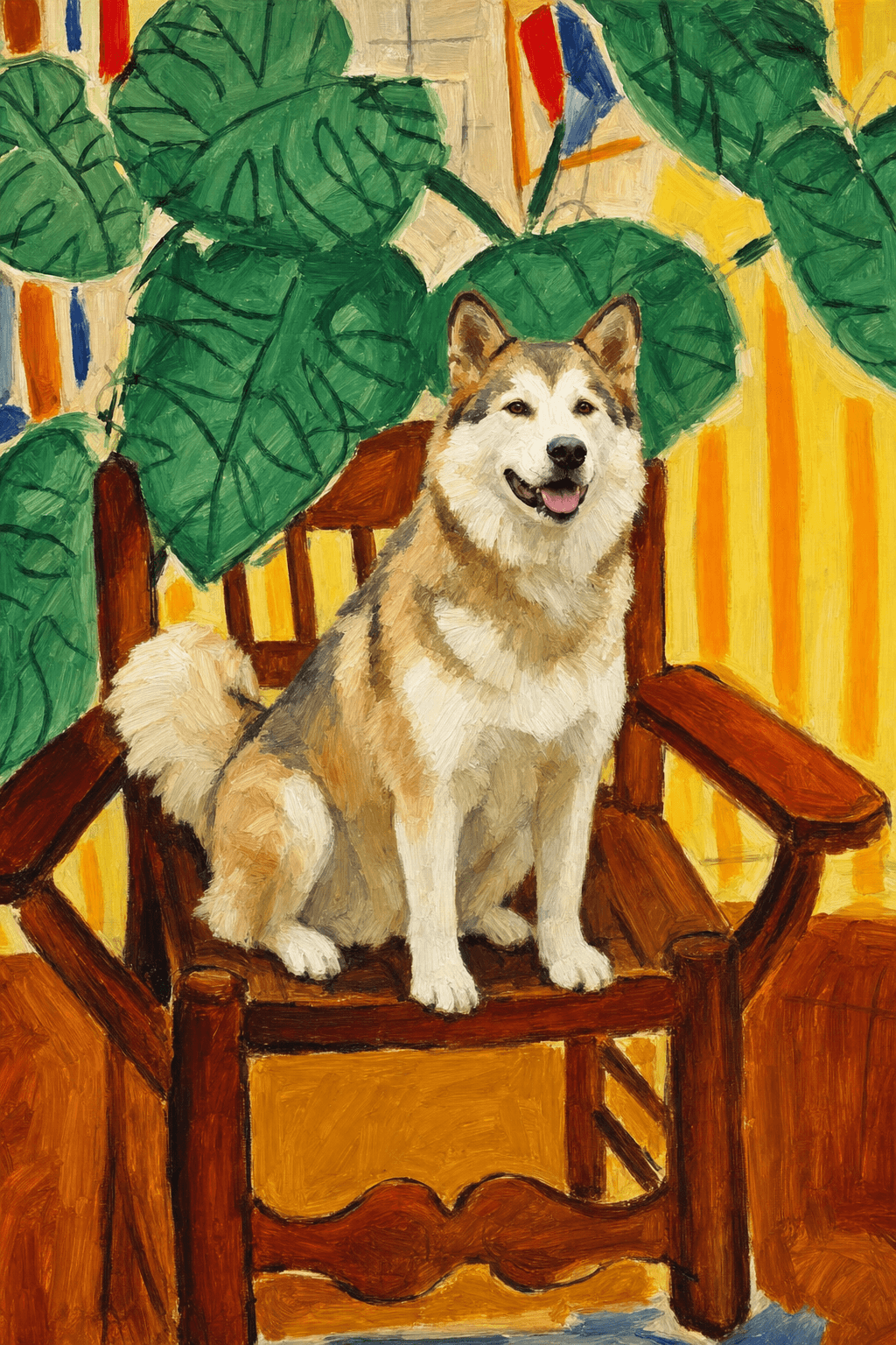 A pet sitting on a brown chair, looking at the viewer. Colors are applied with minimal blending, creating a flat, illustrative feel. The brushwork is broad, rapid, and direct. Strokes are loose, visible, applied thinly, defining the forms quickly without building up significant physical texture or impasto on the surface.