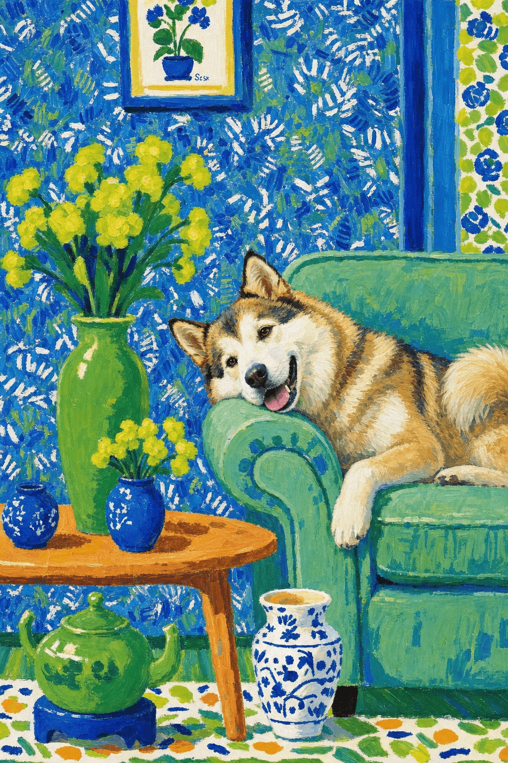 A pet lazy lying on the couch, with head tilt on the edge of couch, eye looking at the the vase. paint in post-impressionism style. Use saturated, non-naturalistic colors and flattened perspective reminiscent of Henri Matisse. painterly and expressive, utilizing thick, confident strokes and quick, rhythmic marks that prioritize texture and visual energy over realistic blending or depth.