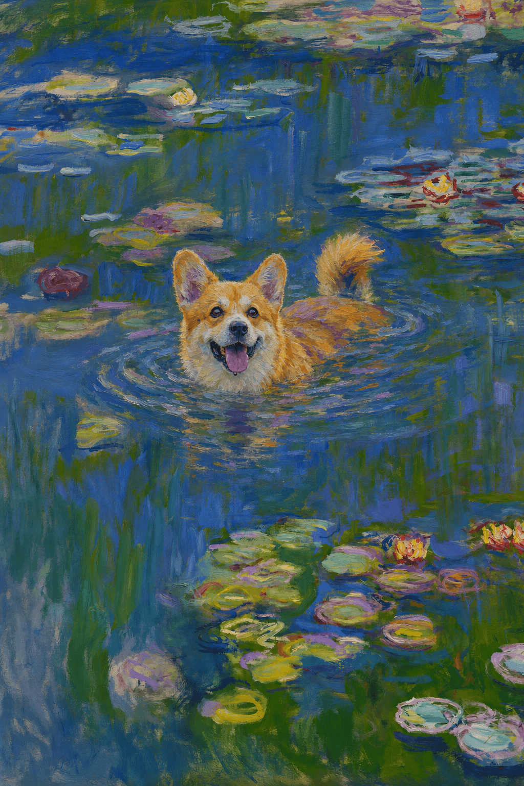 The pet should appear naturally integrated into the middle of the pond, swimming calmly through the water with only its head, upper neck, and a subtle suggestion of its back visible above the surface.
The pet should be facing forward and looking directly at the viewer. Its wet fur should be suggested through painterly strokes.
Blend the pet into the scene using Monet-like impressionist oil painting techniques: visible layered brushstrokes, soft broken color, blue-green reflections, violet shadows, golden-orange highlights, and shimmering ripples around the pet.
The water should partially obscure the pet’s body, with delicate circular ripples spreading outward. Nearby lily pads and water lilies should remain undisturbed but subtly interact with the ripples.
The pet must feel like it was originally painted into the artwork, not pasted on top. Match the atmospheric softness, painterly texture, scale, perspective, and color harmony of the original Water Lilies painting.
Avoid photorealism, sharp outlines, modern digital effects, or excessive detail. The final image should look like a whimsical impressionist oil painting in the spirit of late Monet, with the pet quietly swimming among the lily pads at the center of the pond.
Art Style: Paint in Fauvism, post-impressionism style. Use simplified shapes, exaggerates color, and flattens perspective to create charm and personality.
Use saturated, non-naturalistic colors and flattened perspective reminiscent of Henri Matisse.
The brushwork is loose, visible, and painterly, with uneven strokes that give the surface texture and movement.
Paint with large areas of flat color patches, simplified shapes, bold decorative outlines, and minimal blending.
The composition is flattened and slightly distorted, with compressed perspective.
The painting is expressive, utilizing thick, confident strokes and quick, rhythmic marks that prioritize texture and visual energy over realistic blending or depth.