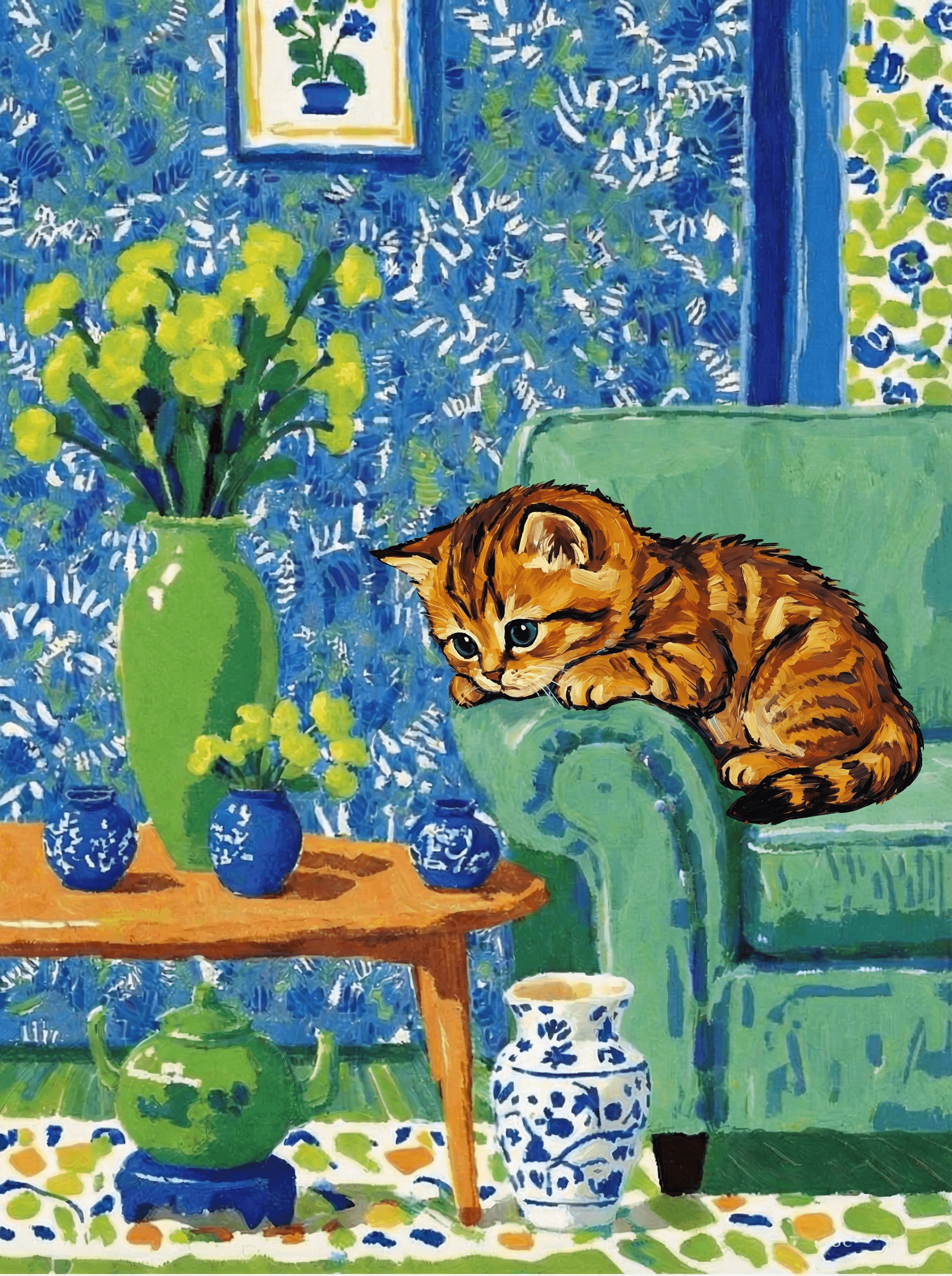A pet lazy lying on the couch, with head tilt on the edge of couch, eye looking at the the vase. paint in post-impressionism style. Use saturated, non-naturalistic colors and flattened perspective reminiscent of Henri Matisse. painterly and expressive, utilizing thick, confident strokes and quick, rhythmic marks that prioritize texture and visual energy over realistic blending or depth.