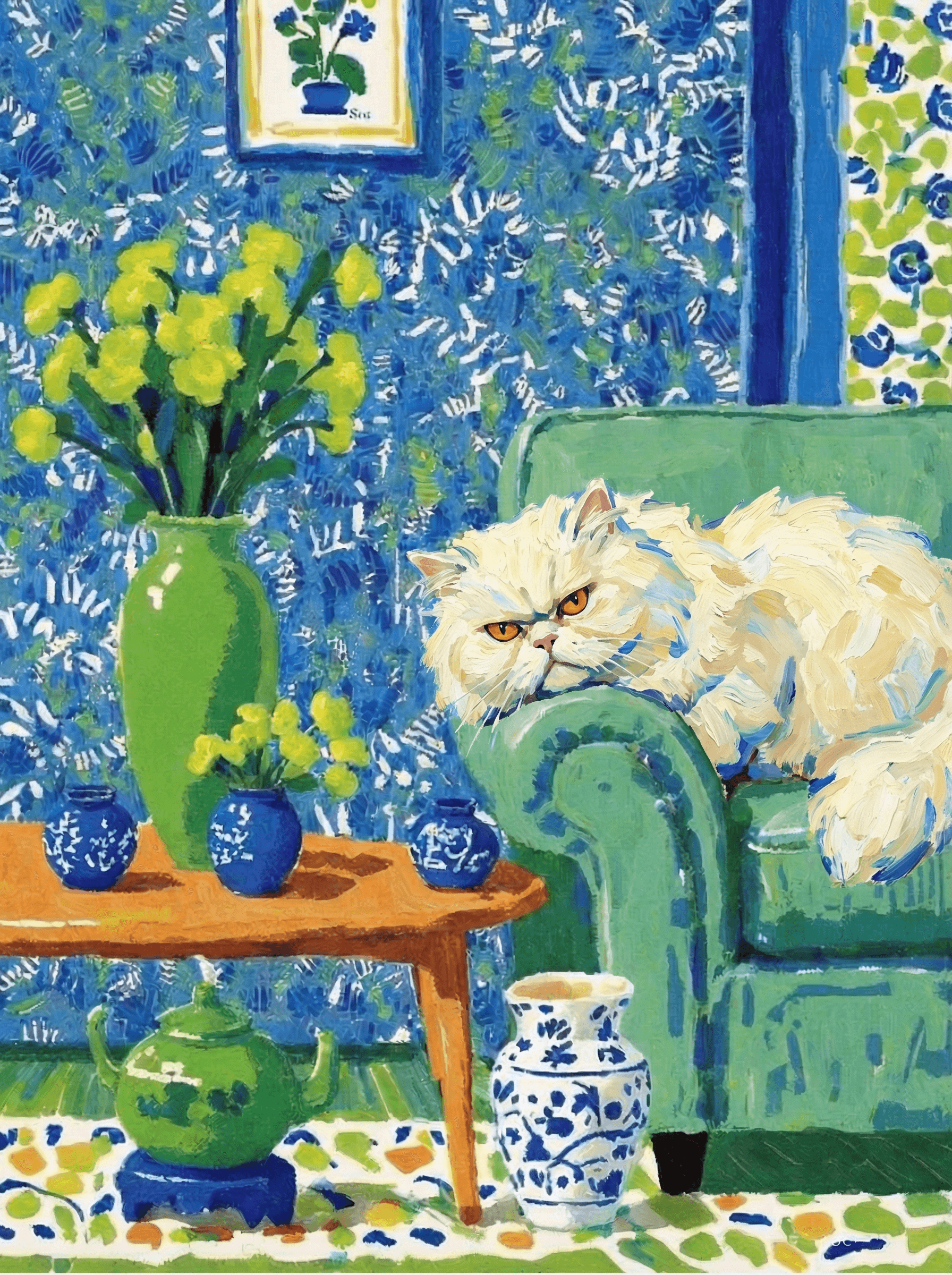 A pet lazy lying on the couch, with head tilt on the edge of couch, eye looking at the the vase. paint in post-impressionism style. Use saturated, non-naturalistic colors and flattened perspective reminiscent of Henri Matisse. painterly and expressive, utilizing thick, confident strokes and quick, rhythmic marks that prioritize texture and visual energy over realistic blending or depth.