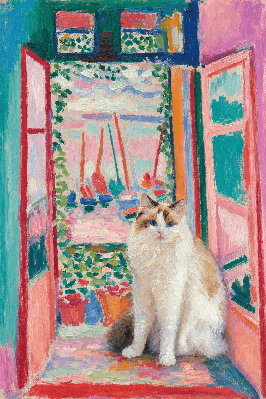A pet sitting on the right bottom frame of an open door, with its back to the opening while facing the room, looking at the viewer, slight leaning on the right-side door panel. Paint in post-impressionism style. Use loosely painted, vibrantly colored, stylized, vertical painting.