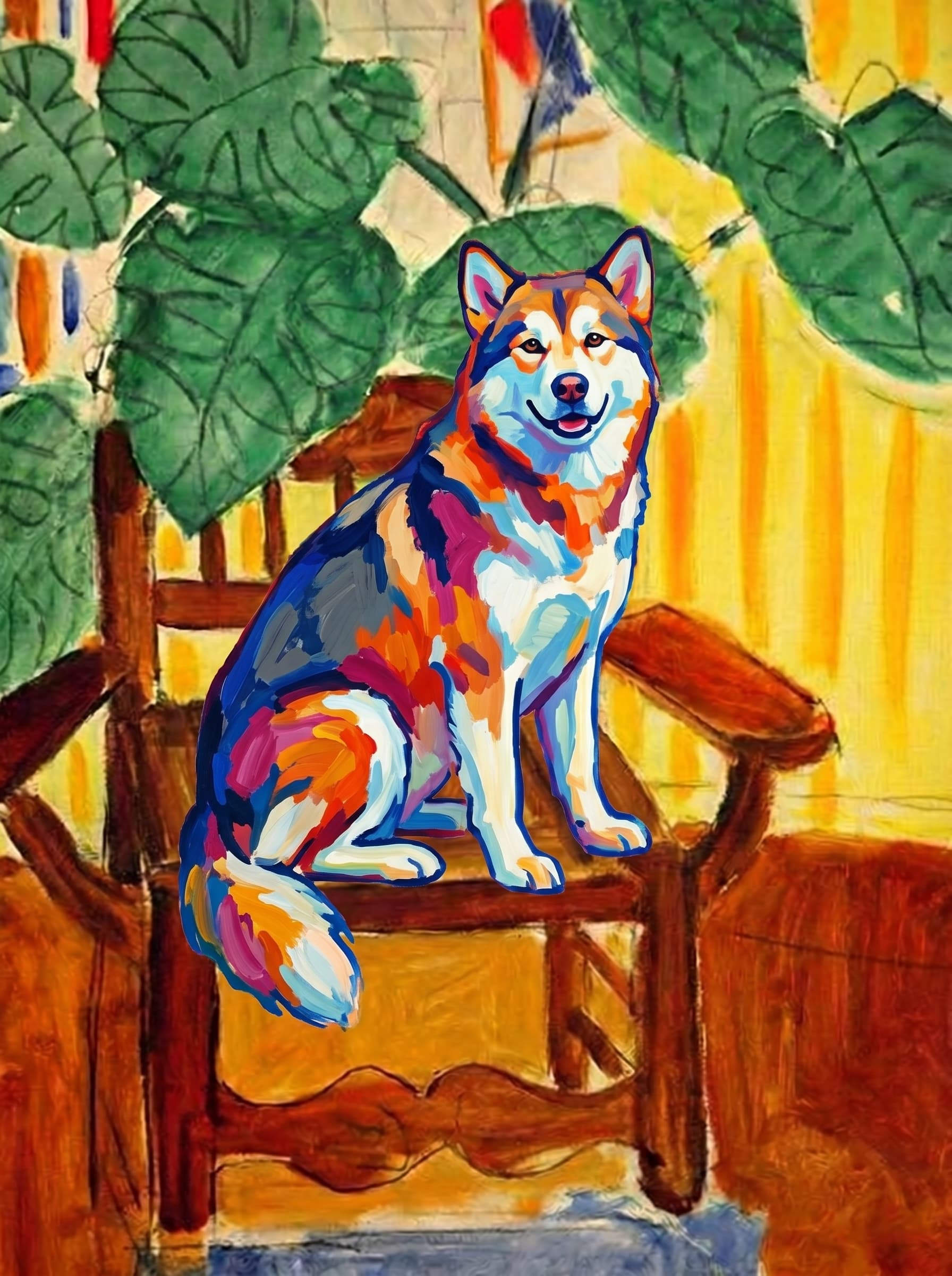 A pet sitting on a brown chair, looking at the viewer. Art Style: Paint in Fauvism, post-impressionism style. Use simplified shapes, exaggerates color, and flattens perspective to create charm and personality.
Use saturated, non-naturalistic colors and flattened perspective reminiscent of Henri Matisse.
The brushwork is loose, visible, and painterly, with uneven strokes that give the surface texture and movement.
Paint with large areas of flat color patches, simplified shapes, bold decorative outlines, and minimal blending.
The composition is flattened and slightly distorted, with compressed perspective.
The painting is expressive, utilizing thick, confident strokes and quick, rhythmic marks that prioritize texture and visual energy over realistic blending or depth.