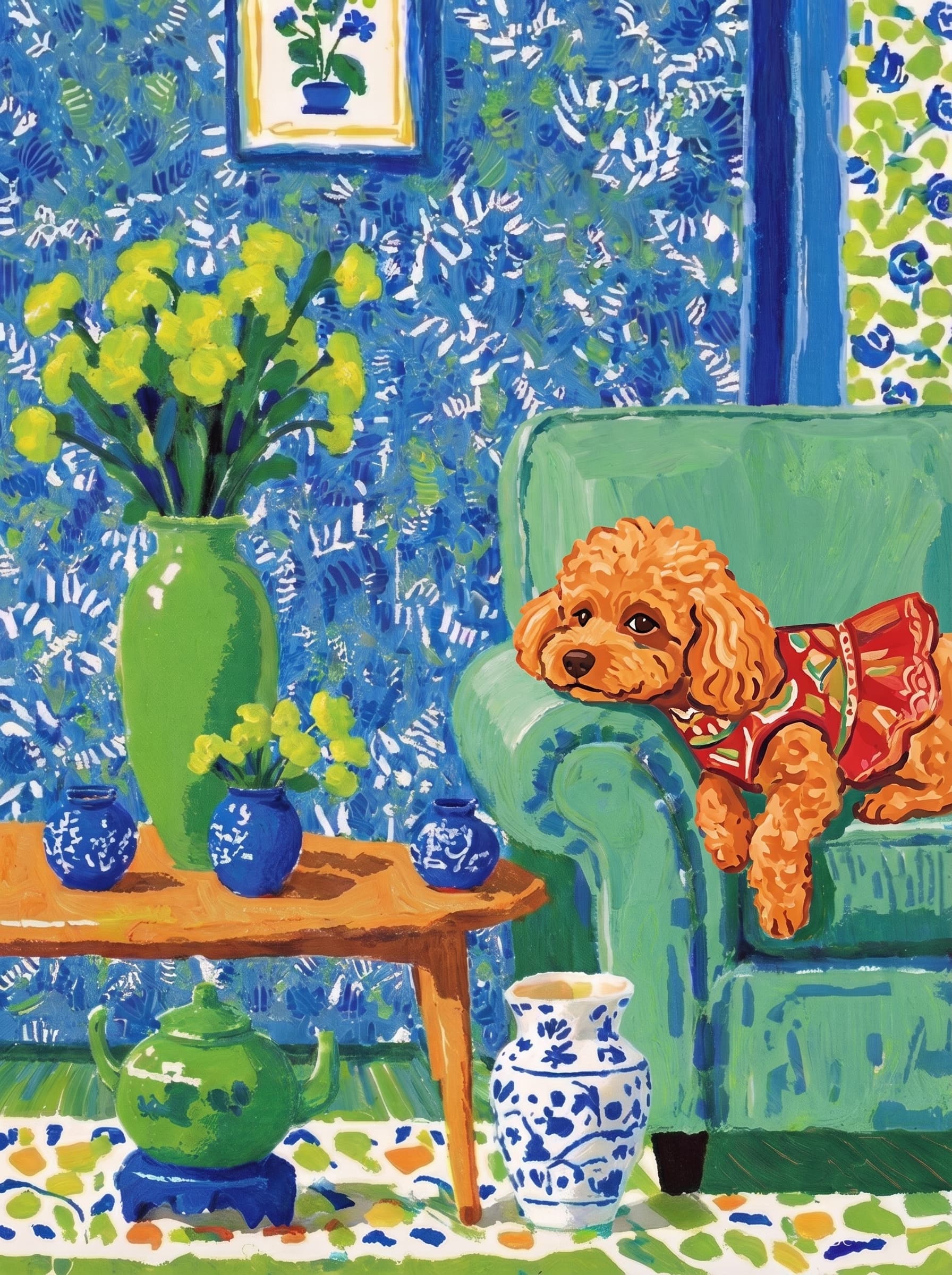 A pet lazy lying on the couch, with head tilt on the edge of couch, eye looking at the the vase. Art Style: Paint in Fauvism, post-impressionism style. Use simplified shapes, exaggerates color, and flattens perspective to create charm and personality.
Use saturated, non-naturalistic colors and flattened perspective reminiscent of Henri Matisse.
The brushwork is loose, visible, and painterly, with uneven strokes that give the surface texture and movement.
Paint with large areas of flat color patches, simplified shapes, bold decorative outlines, and minimal blending.
The composition is flattened and slightly distorted, with compressed perspective.
The painting is expressive, utilizing thick, confident strokes and quick, rhythmic marks that prioritize texture and visual energy over realistic blending or depth.