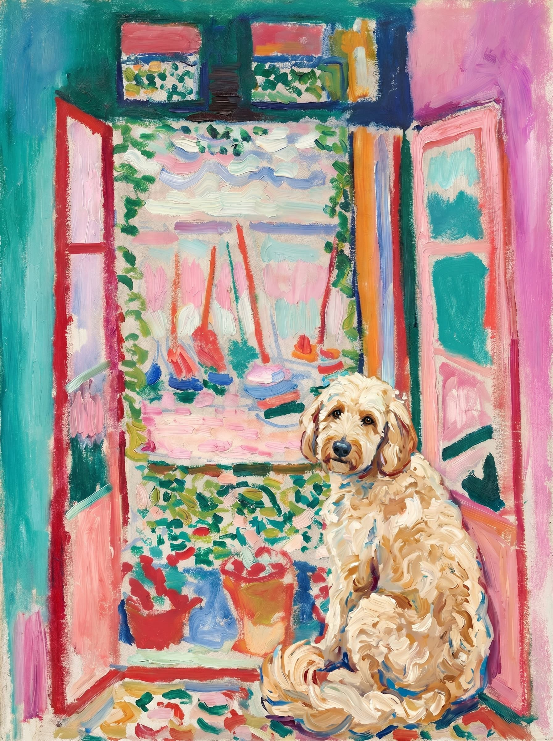 A pet sitting on the right bottom frame of an open door, with its back to the opening while facing the room, looking at the viewer, slight leaning on the right-side door panel. Paint in post-impressionism style. Use loosely painted, vibrantly colored, stylized, vertical painting.