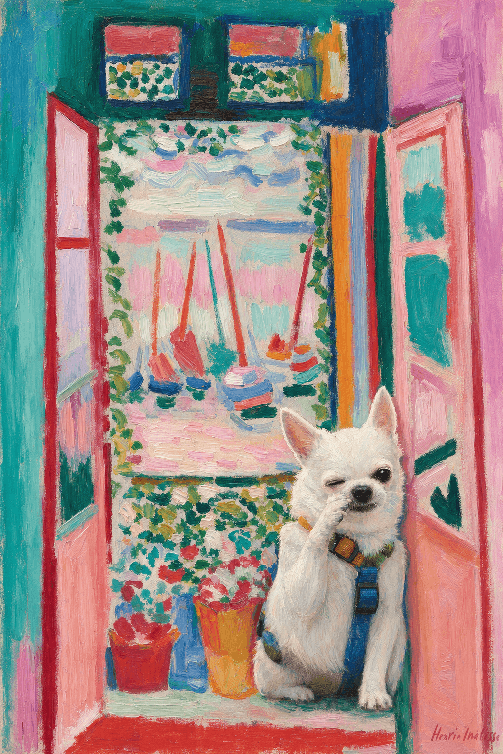 A pet sitting on the right bottom frame of an open door, with its back to the opening while facing the room, looking at the viewer, slight leaning on the right-side door panel. Paint in post-impressionism style. Use loosely painted, vibrantly colored, stylized, vertical painting.