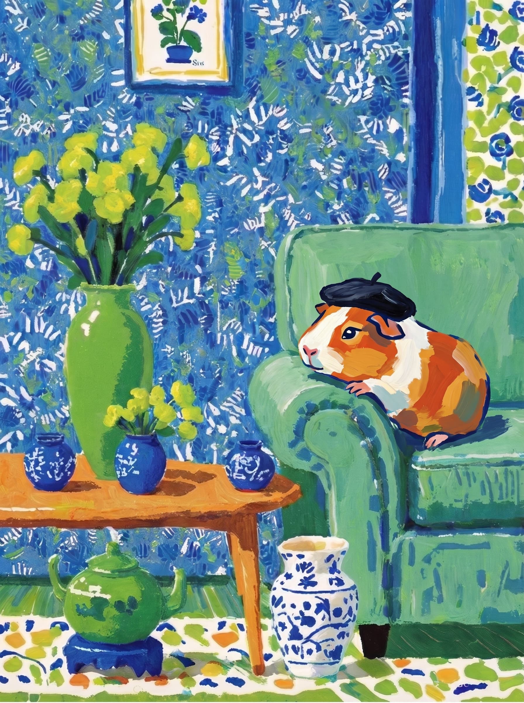 A pet lazy lying on the couch, with head tilt on the edge of couch, eye looking at the the vase. Art Style: Paint in Fauvism, post-impressionism style. Use simplified shapes, exaggerates color, and flattens perspective to create charm and personality.
Use saturated, non-naturalistic colors and flattened perspective reminiscent of Henri Matisse.
The brushwork is loose, visible, and painterly, with uneven strokes that give the surface texture and movement.
Paint with large areas of flat color patches, simplified shapes, bold decorative outlines, and minimal blending.
The composition is flattened and slightly distorted, with compressed perspective.
The painting is expressive, utilizing thick, confident strokes and quick, rhythmic marks that prioritize texture and visual energy over realistic blending or depth.