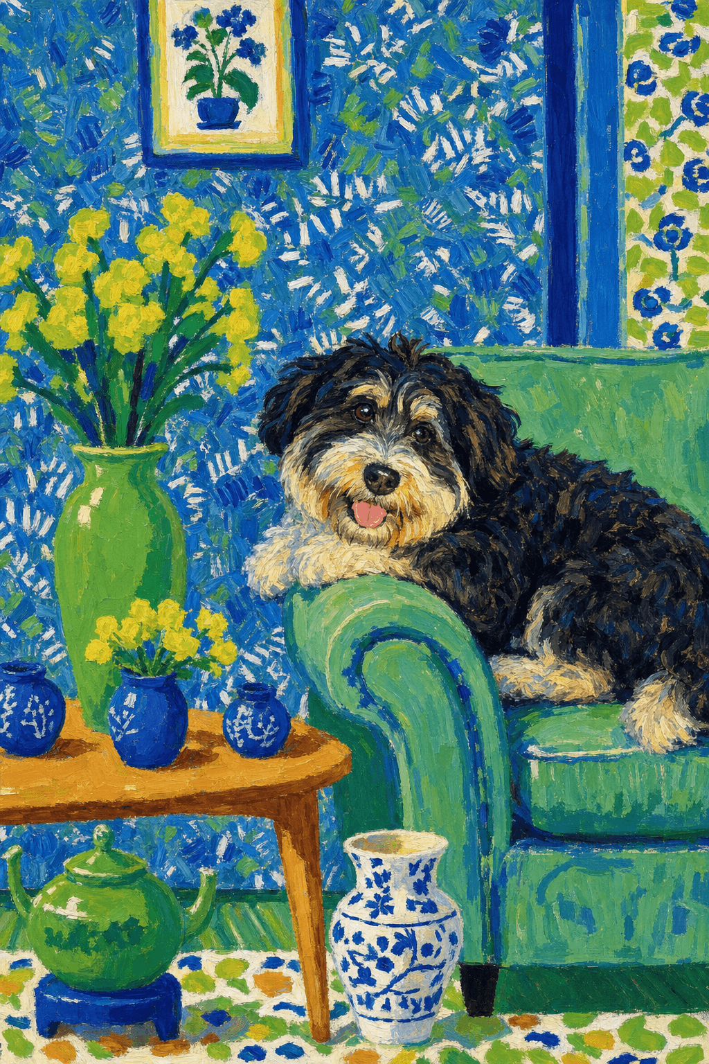 A pet lazy lying on the couch, with head tilt on the edge of couch, eye looking at the the vase. paint in post-impressionism style. Use saturated, non-naturalistic colors and flattened perspective reminiscent of Henri Matisse. painterly and expressive, utilizing thick, confident strokes and quick, rhythmic marks that prioritize texture and visual energy over realistic blending or depth.